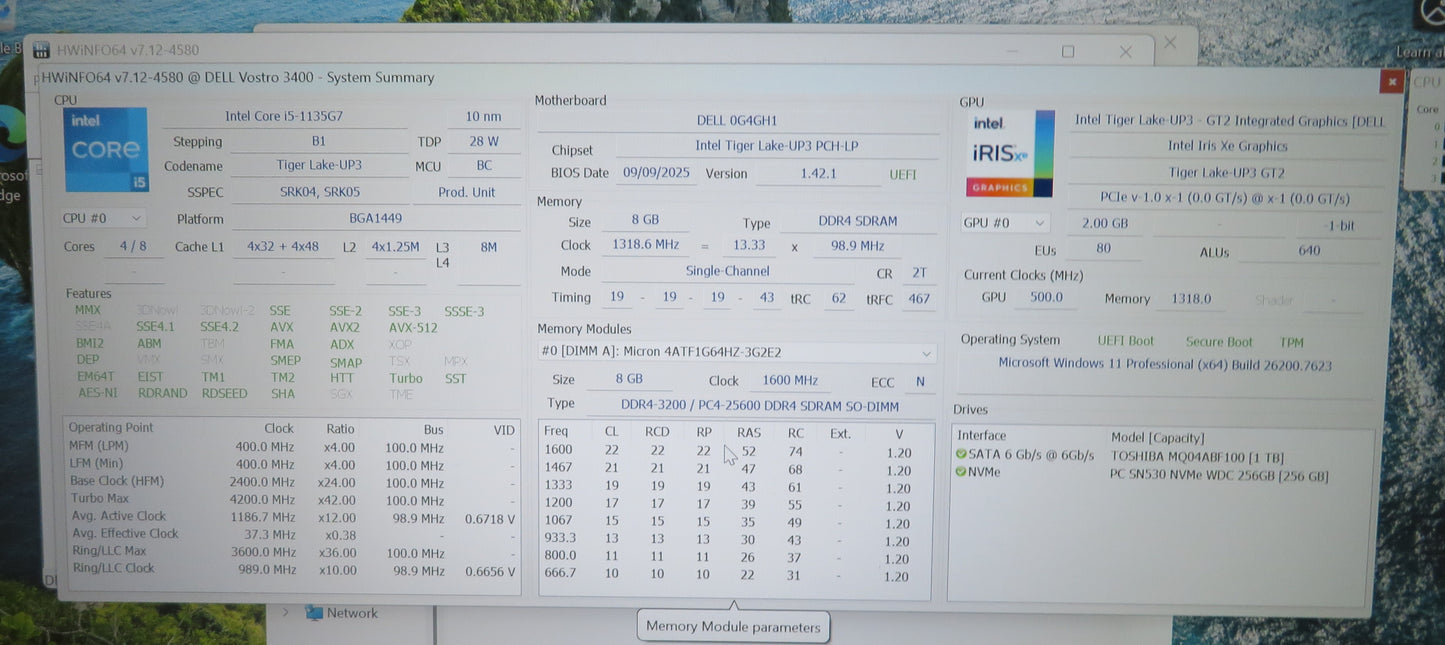 Dell Vostro 14 3400 i5 1135G7 2.4GHz 8GB RAM 1TB HDD 256GB SSD Win11 Home