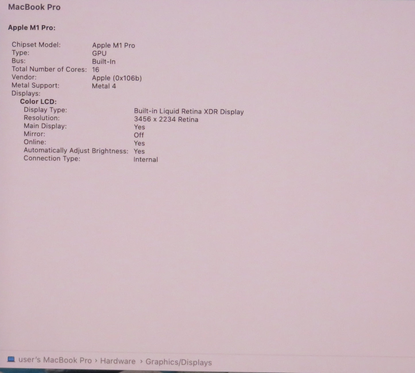 Apple Macbook Pro 2021 16in Retina XDR M1 Pro 16GB RAM 512GB macOS A2485