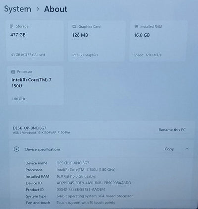 ASUS VIVOBOOK F1504V 15.6 IN TOUCH SCREEN i7-150U, 16GB MEMORY, 512GB SSD