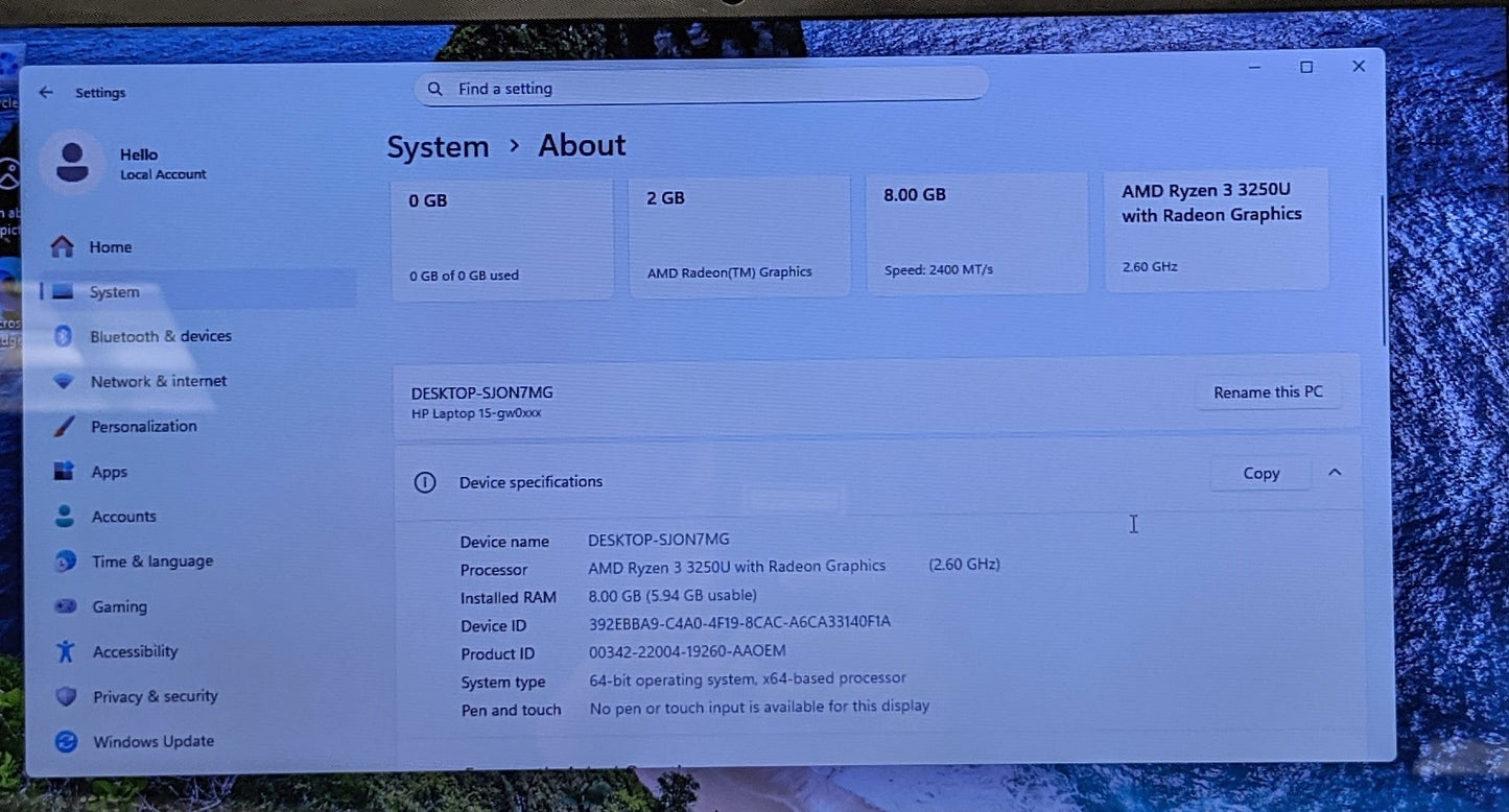 HP 15-GW0123OD LAPTOP R3-3250U 8GB 1TB