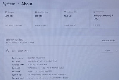 ASUS VIVOBOOK F1704V 17.3 IN i5-120U, 16GB MEMORY, 512GB SSD