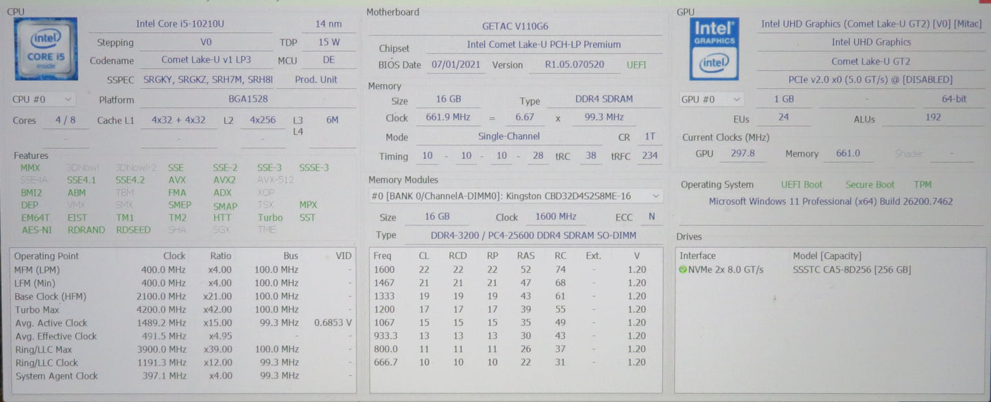 GETAC V110 RUGGED LAPTOP I5 10210U 1.60GHZ 16GB RAM 256GB W11P DUAL BATTERY
