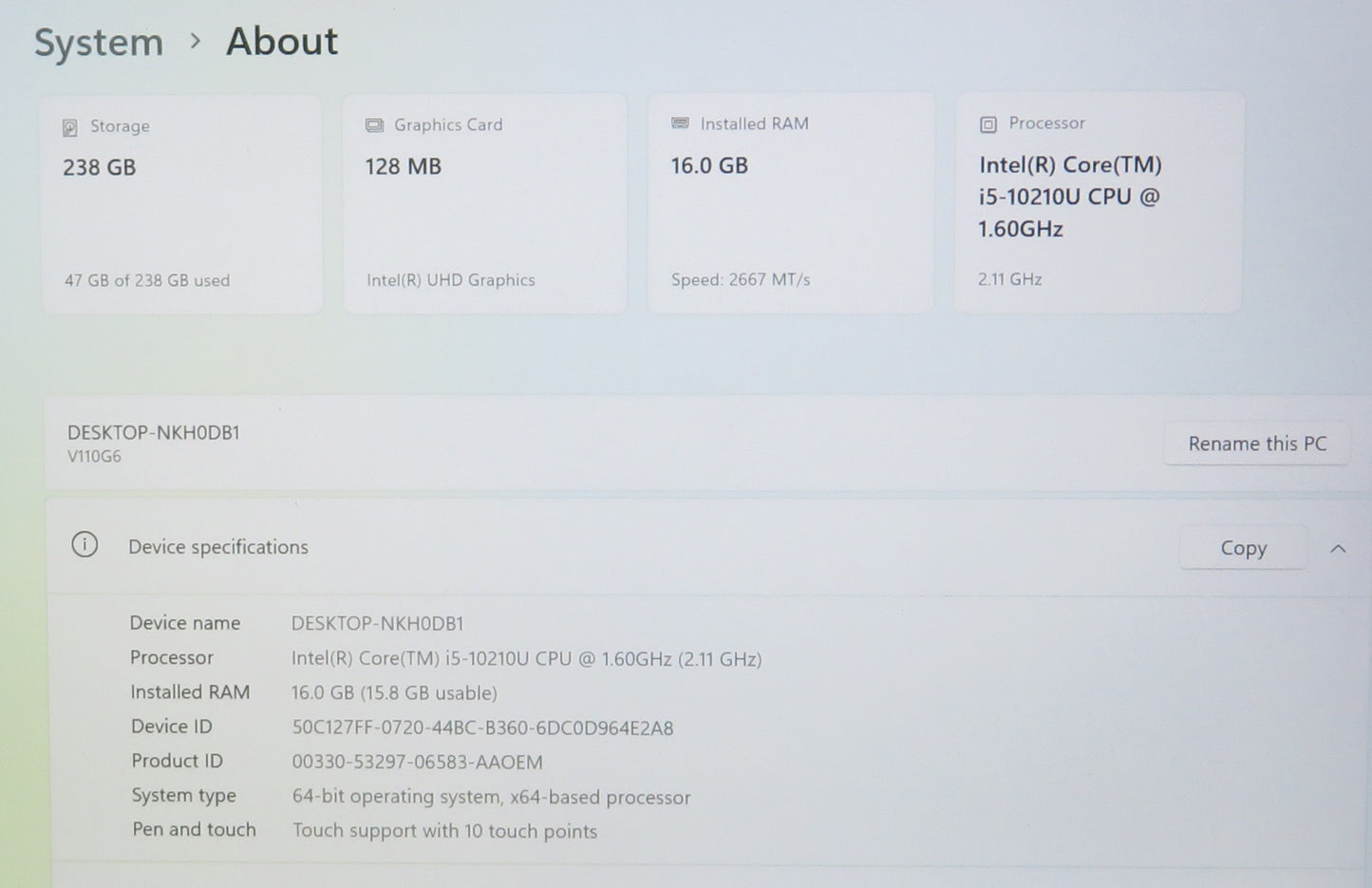 GETAC V110 RUGGED LAPTOP I5 10210U 1.60GHZ 16GB RAM 256GB W11P DUAL BATTERY