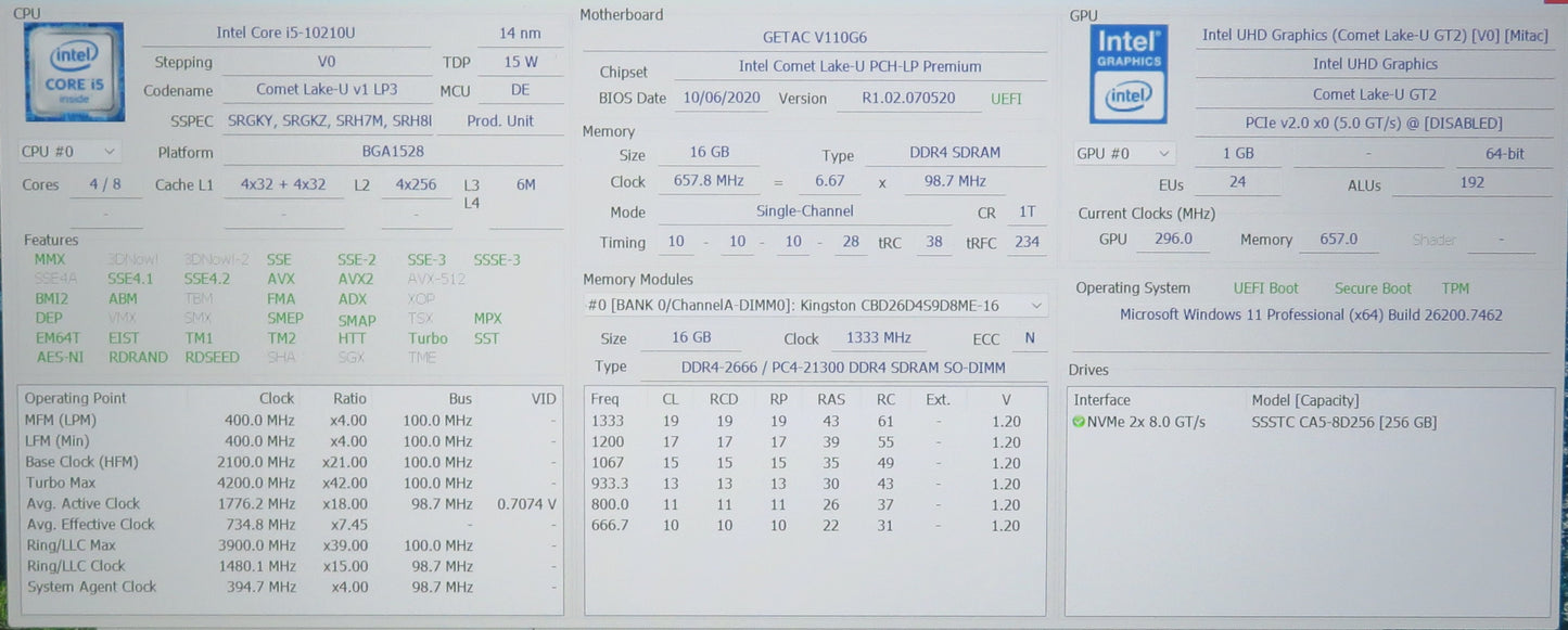 GETAC V110 RUGGED LAPTOP I5 10210U 1.60GHZ 16GB RAM 256GB W11P DUAL BATTERY