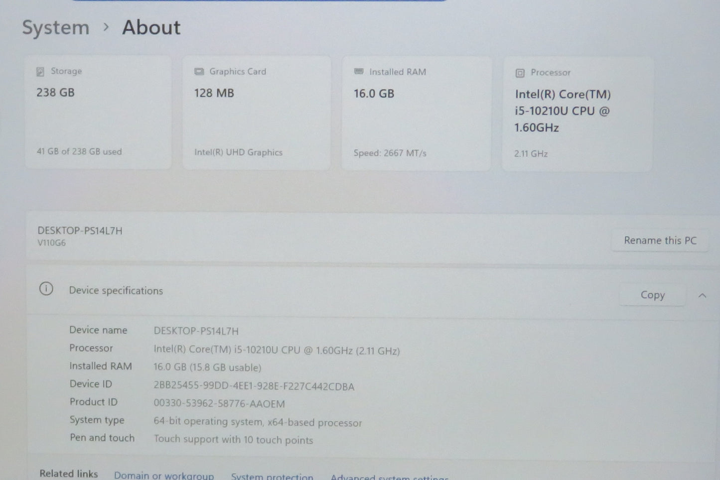 GETAC V110 RUGGED LAPTOP I5 10210U 1.60GHZ 16GB RAM 256GB W11P DUAL BATTERY