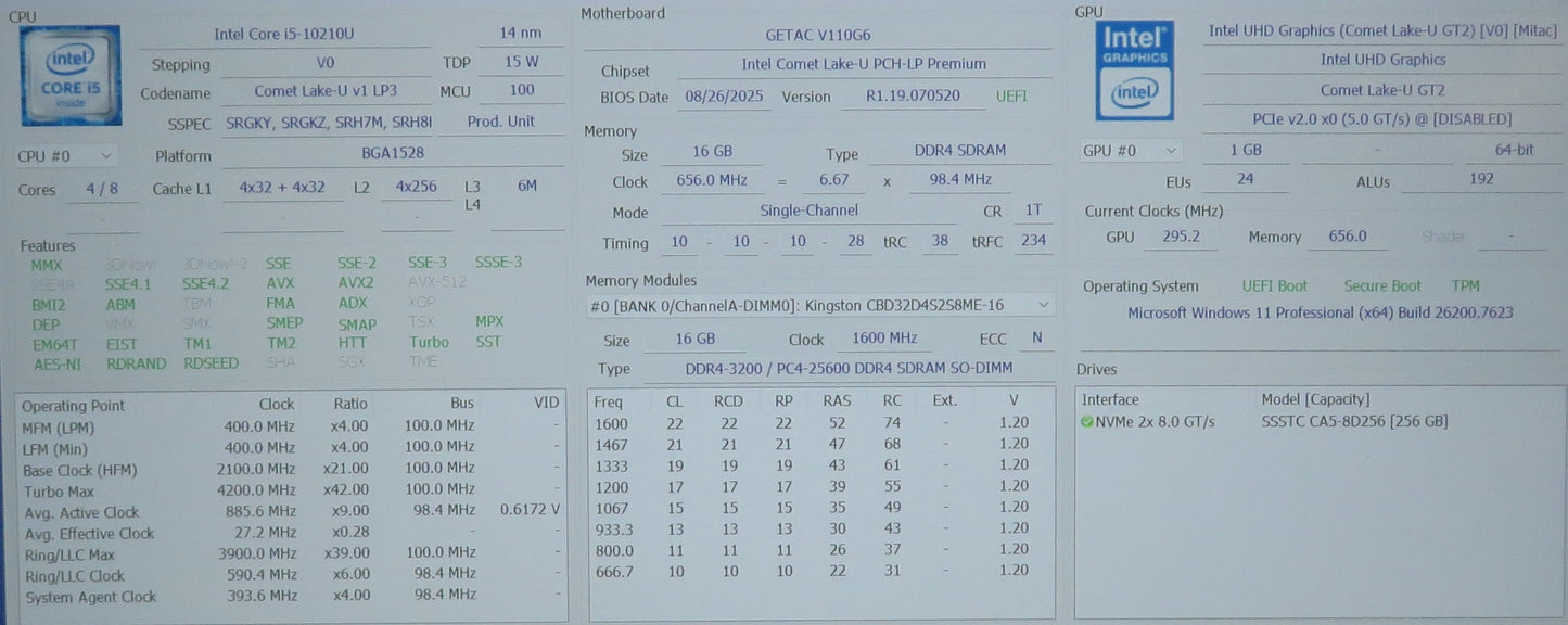 GETAC V110 RUGGED LAPTOP I5 10210U 1.60GHZ 16GB RAM 256GB W11P DUAL BATTERY