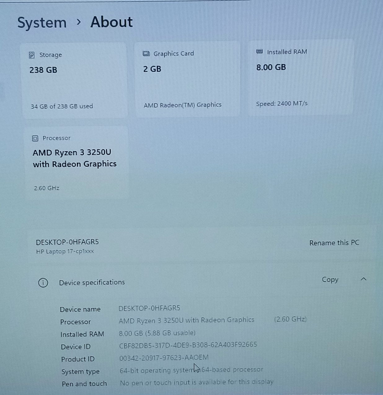 HP 17-CP1124OD 17.3 IN R3-3250U, 8GB, 256GB
