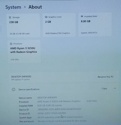 HP 17-CP1124OD 17.3 IN R3-3250U, 8GB, 256GB
