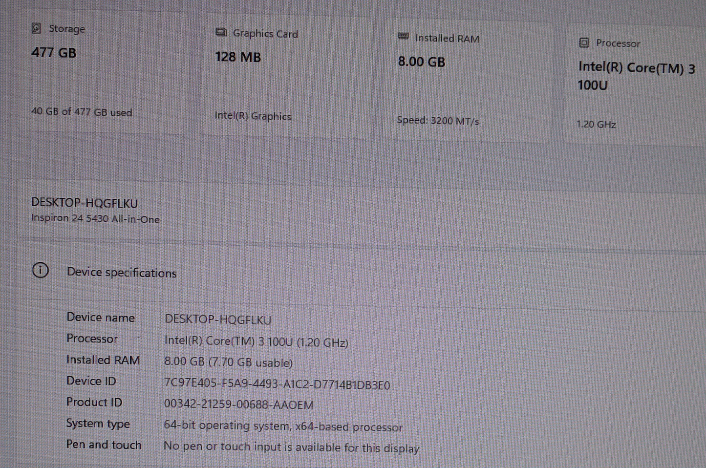 Dell Inspiron 24 5430 I3-100U 512GB SSD 8GB RAM