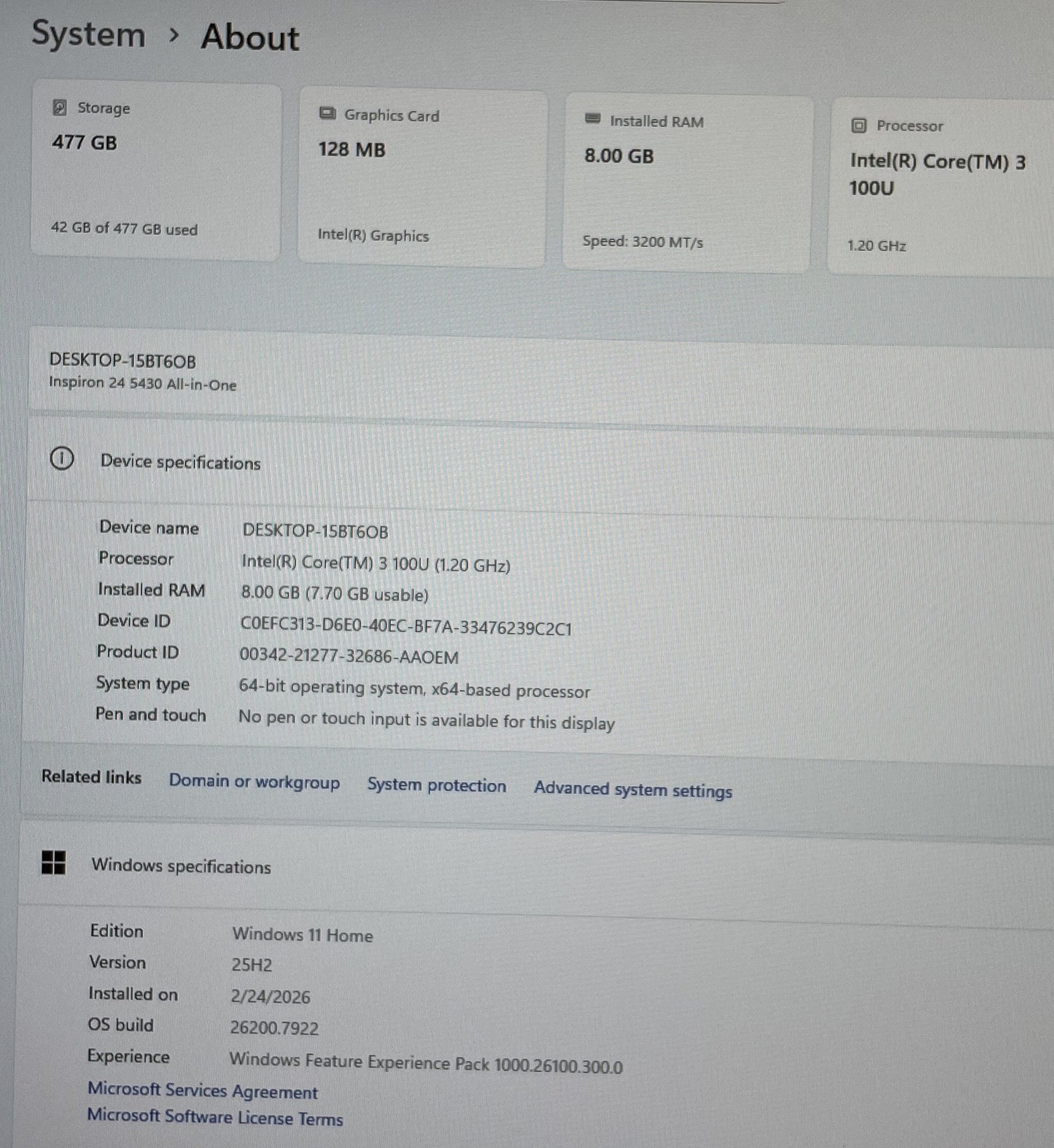 Dell Inspiron 24 5430 I3-100U 8GB RAM 512GB SSD