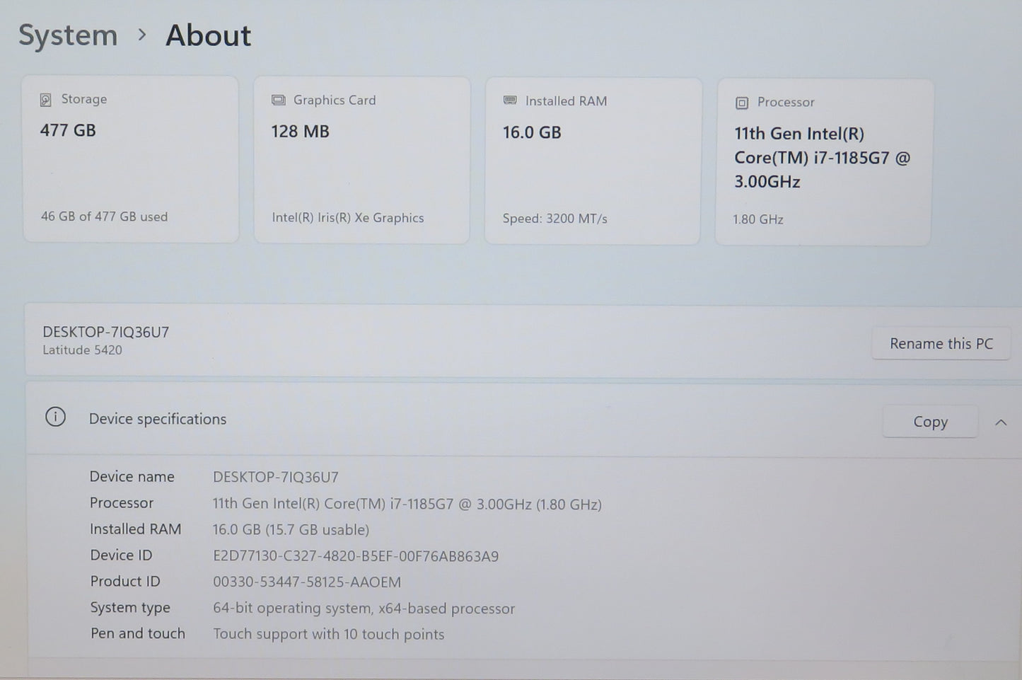 Dell Latitude 5420 14in Touchscreen i7 1185G7U 3.0GHz 16GB RAM 512GB Win11 Pro