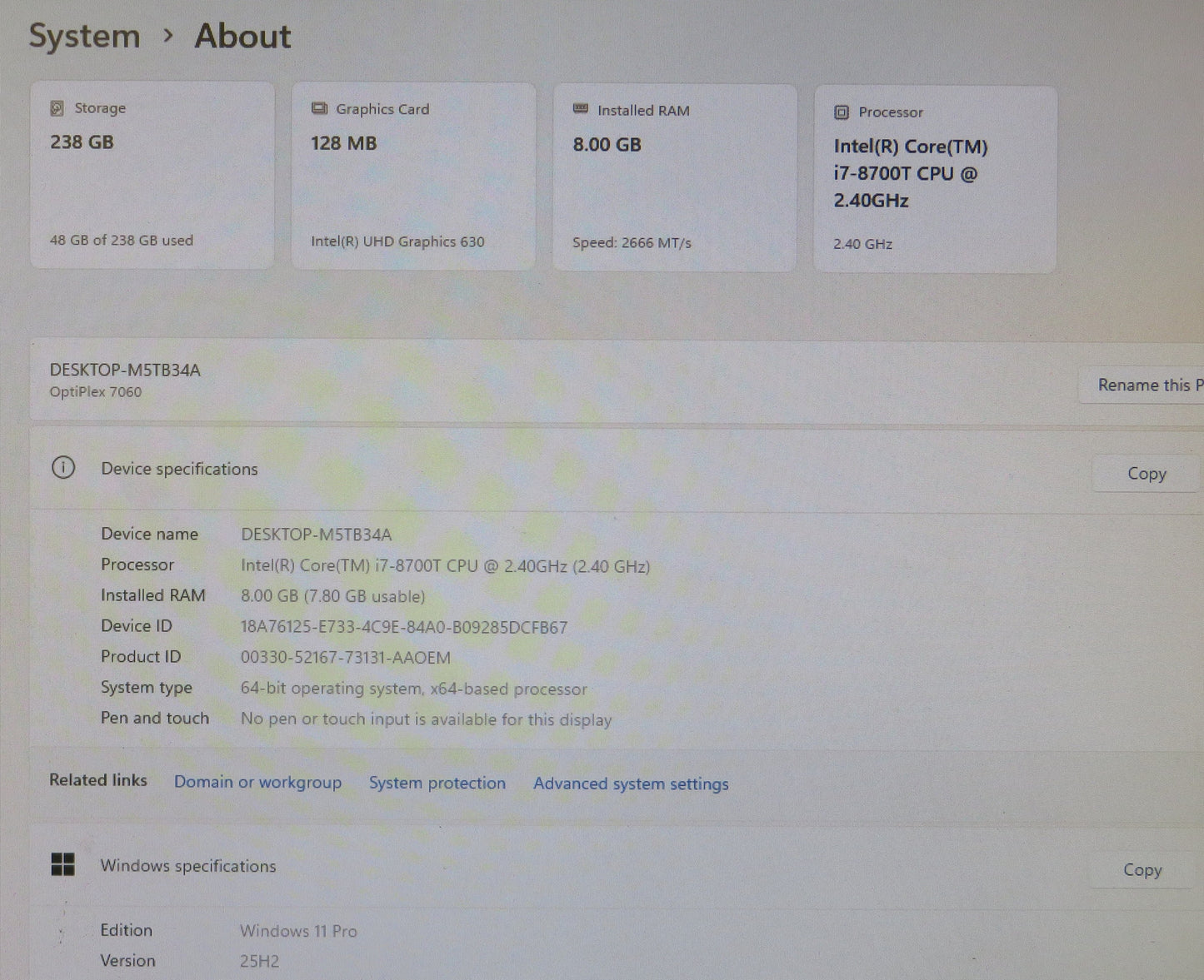 Dell Optiplex 7060 Micro Form Factor i7 8700T 2.4GHz 8GB RAM 256GB Win11 Pro