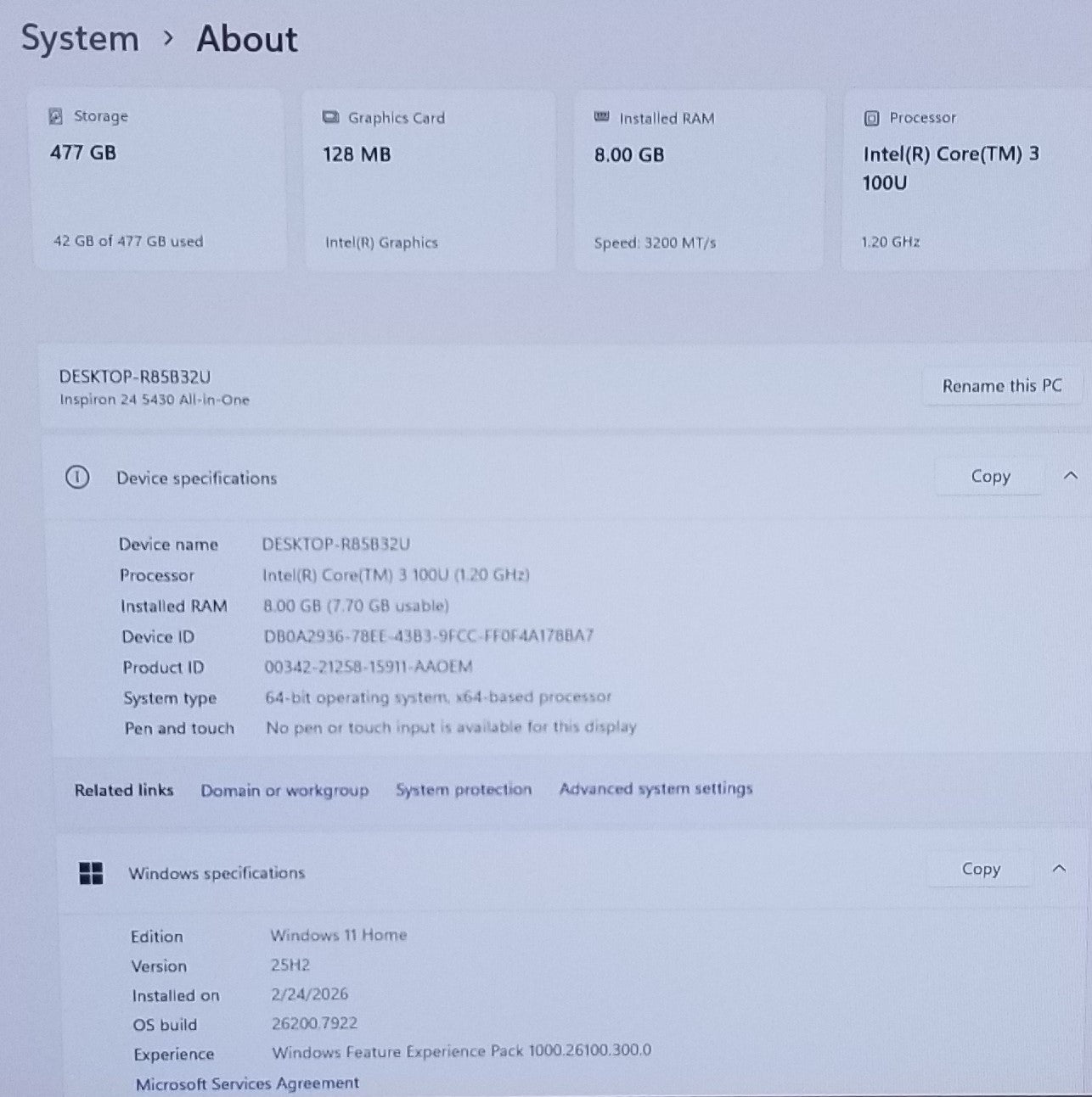 Dell Inspiron 24 5430 I3-100U, 8GB MEMORY, 512GB SSD