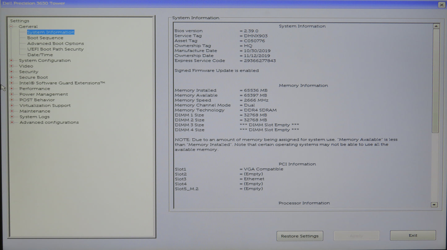 Dell Precision Tower 3630 i9 9900K 3.6GHz 64GB RAM 2TB HDD WIN11 WX 3100 DVD RW