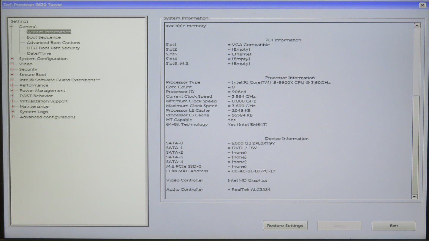 Dell Precision Tower 3630 i9 9900K 3.6GHz 64GB RAM 2TB HDD WIN11 WX 3100 DVD RW