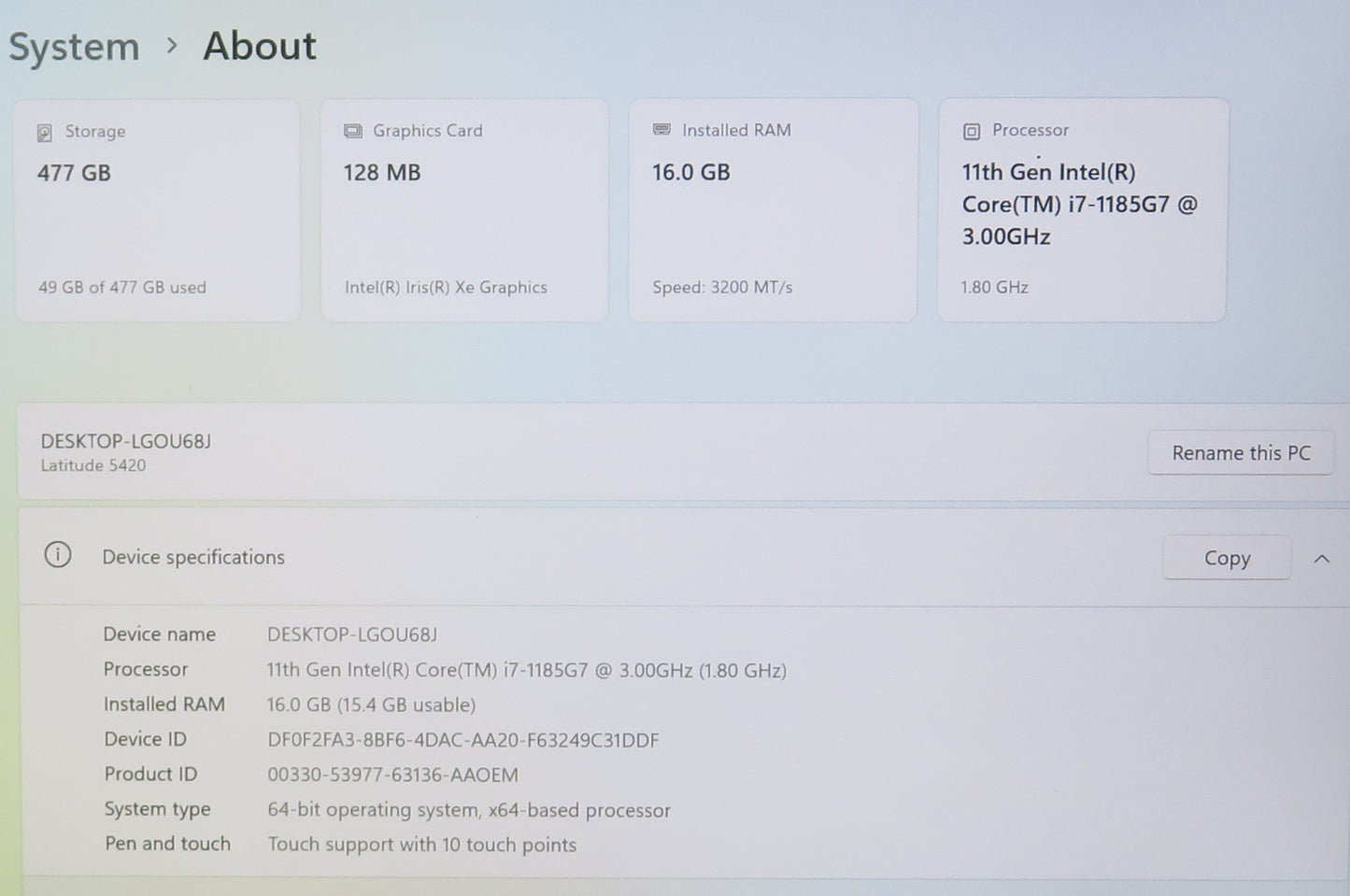 Dell Latitude 5420 14in Touchscreen i7 1185G7U 3.0GHz 16GB RAM 512GB Win11 Pro