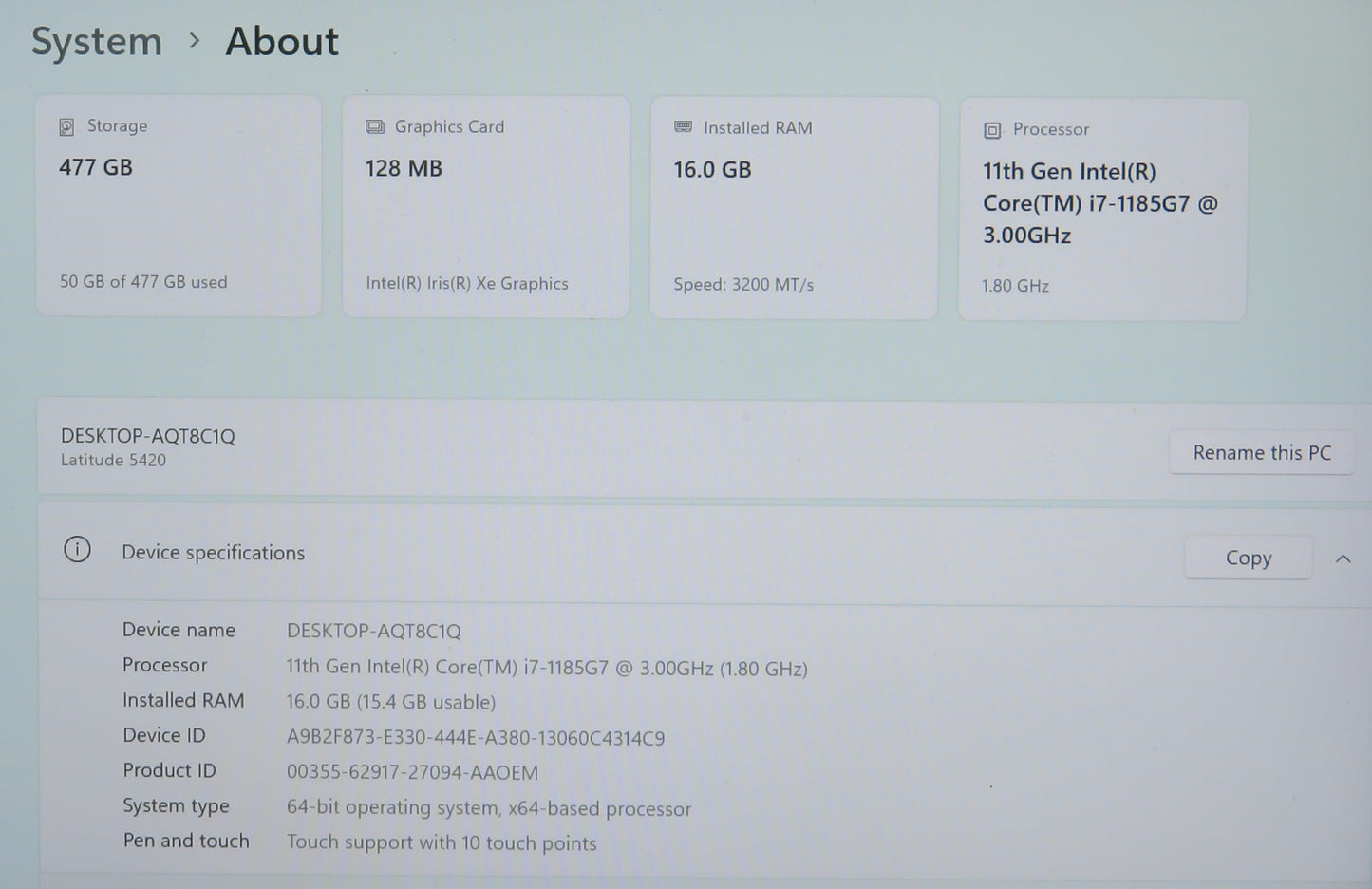 Dell Latitude 5420 14in Touchscreen i7 1185G7U 3.0GHz 16GB RAM 512GB Win11 Pro