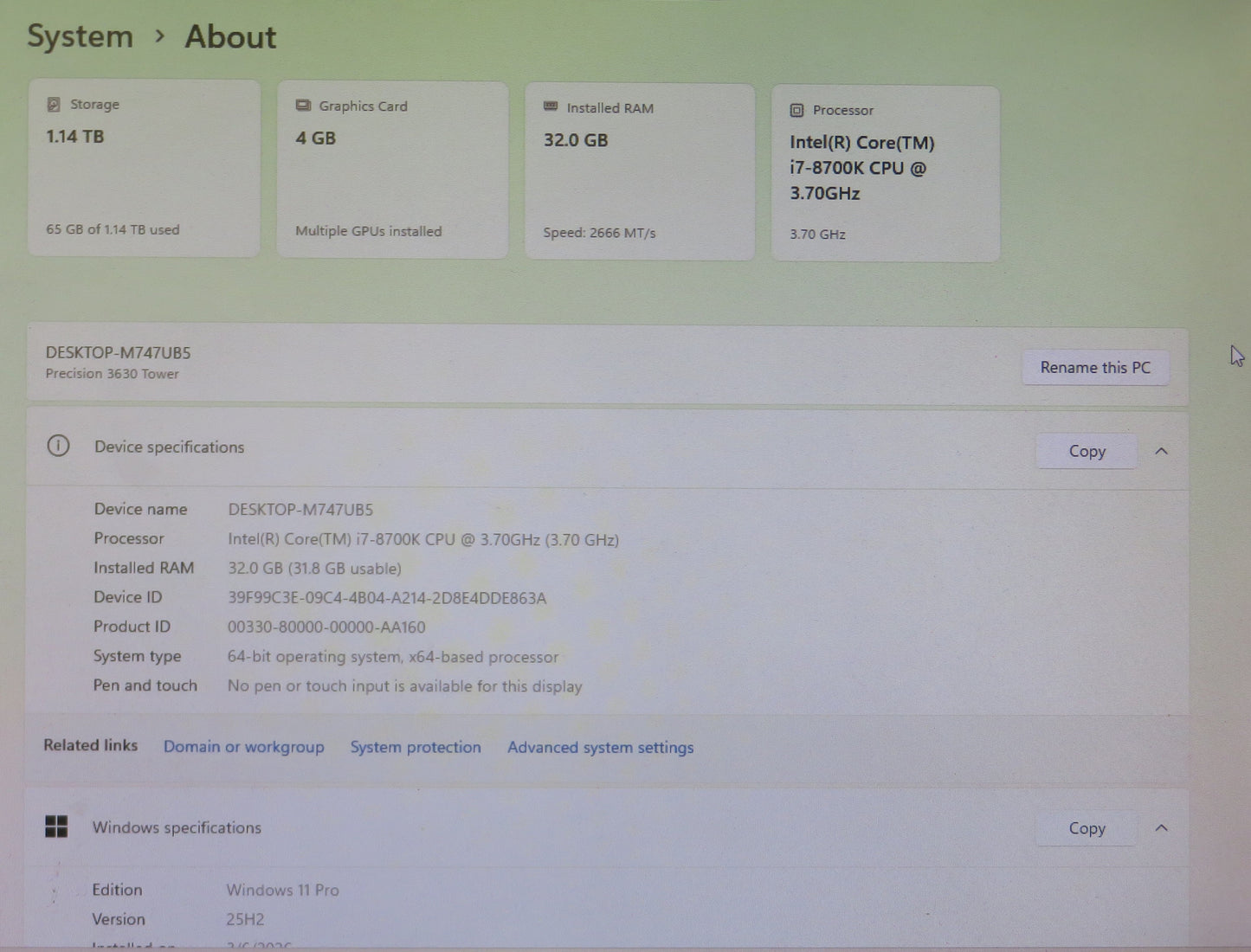 Dell Precision Tower 3630 i7 8700K 3.7GHz 32GB RAM 256GB 1TB HDD W11 WX 3100 DVD