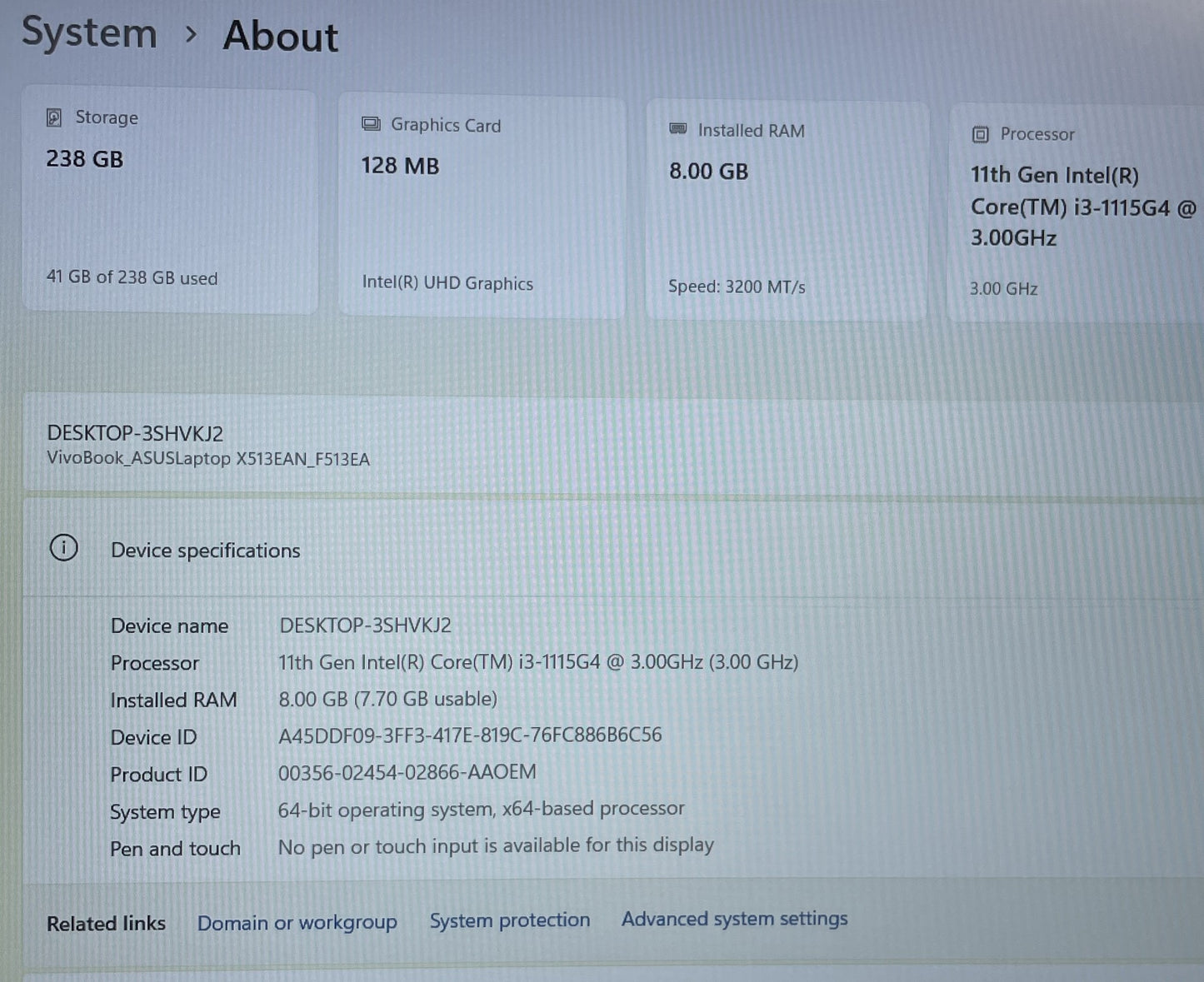 VIVOBOOK F513E I3-1115G4@3.0GHZ, 8GB, 256GB