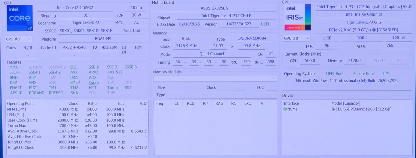 ASUS Zenbook 13 UX325E 13in i7 1165G7 2.8GHz 8GB RAM 512GB W11 H