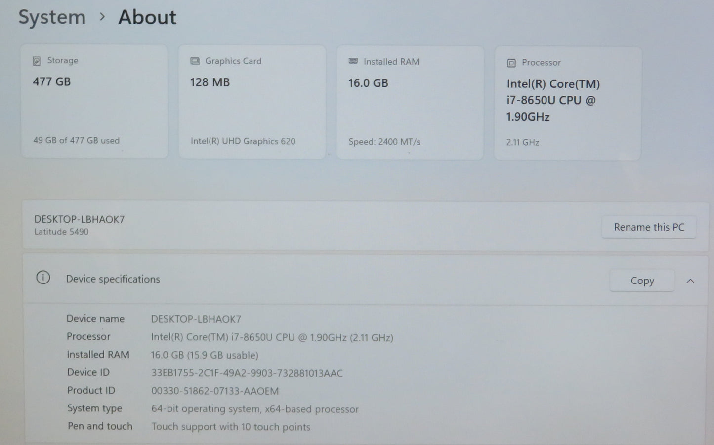 Dell Latitude 5490 14in Touchscreen i7 8650U 1.9GHz 16GB RAM 512GB Win 11