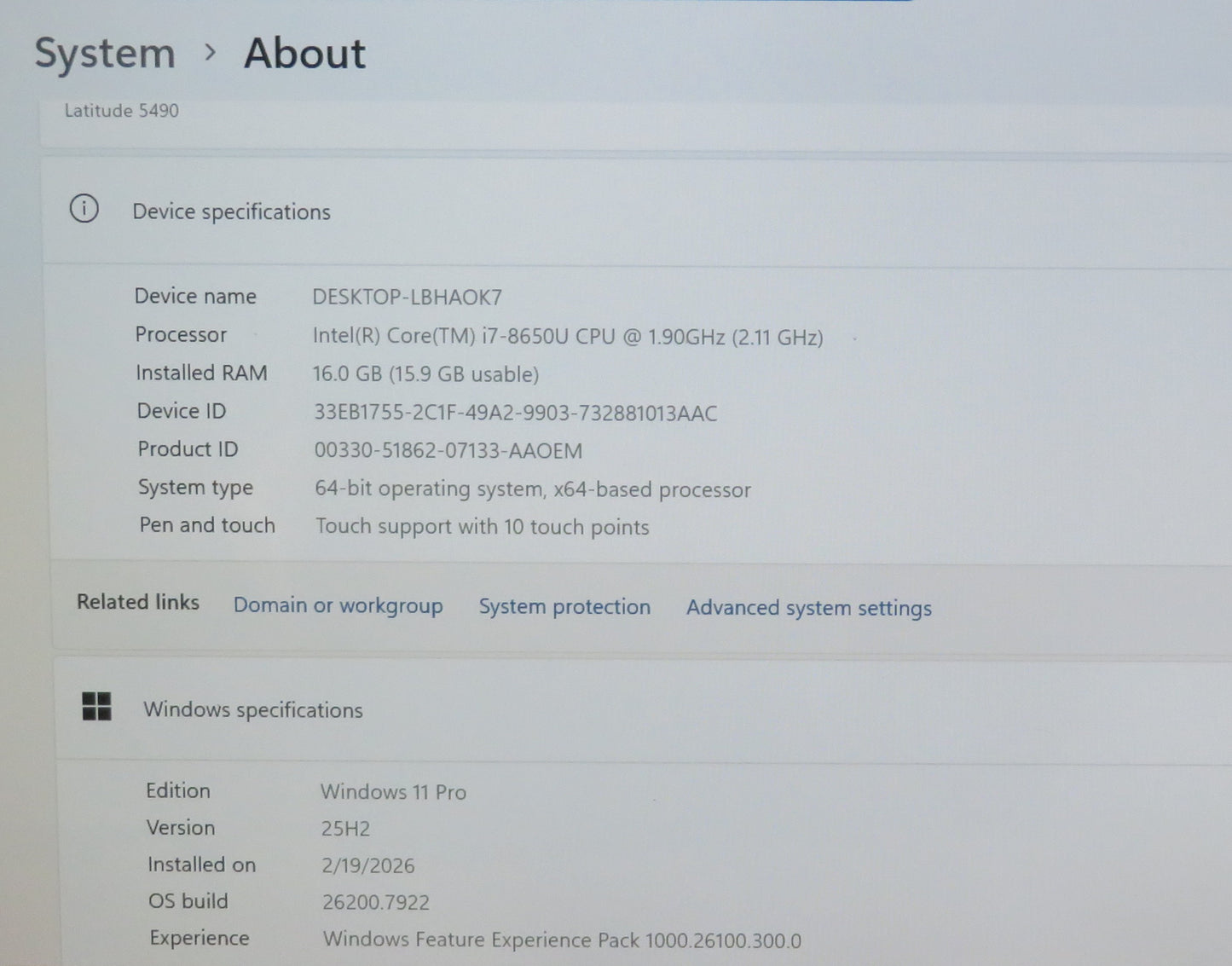Dell Latitude 5490 14in Touchscreen i7 8650U 1.9GHz 16GB RAM 512GB Win 11