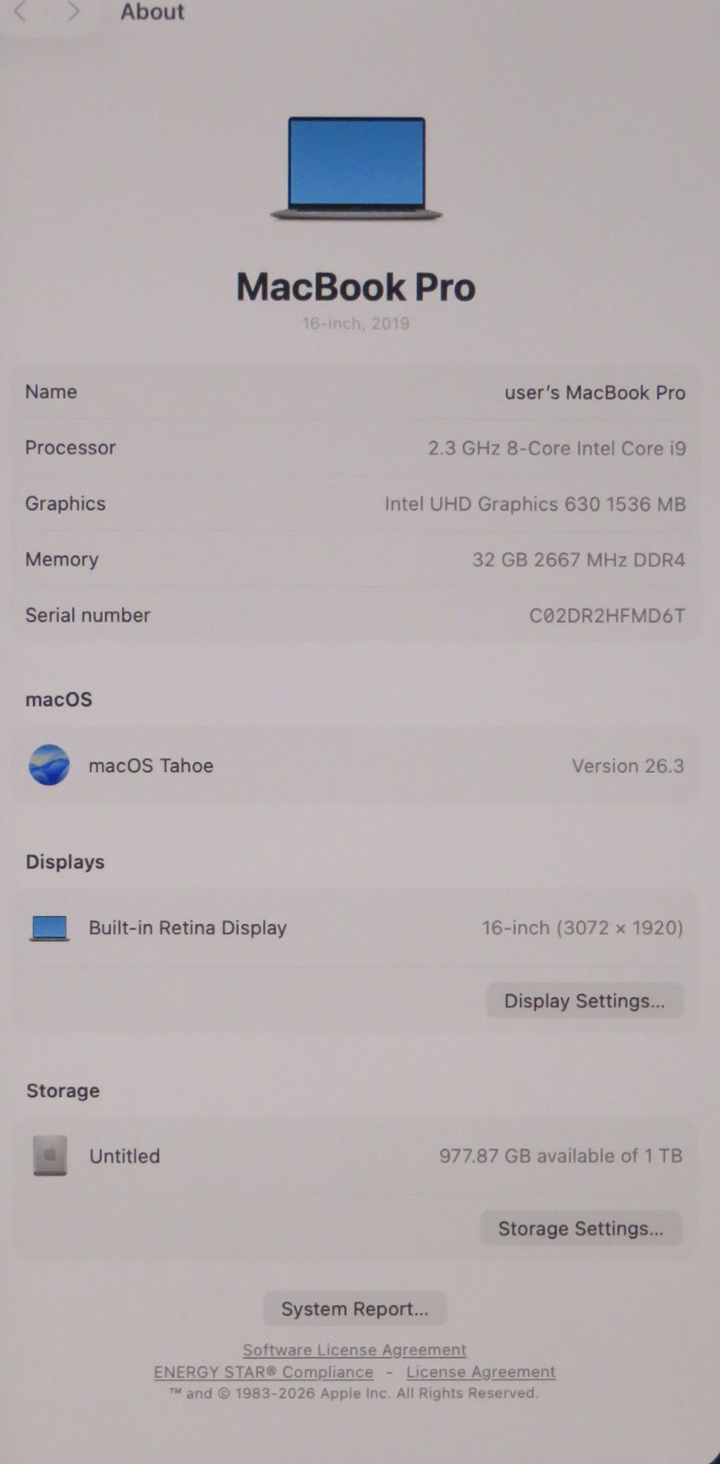 Apple MacBook Pro 2019 16in A2141 i9 9880H 2.3GHz 32GB RAM 1TB macOS 5500M