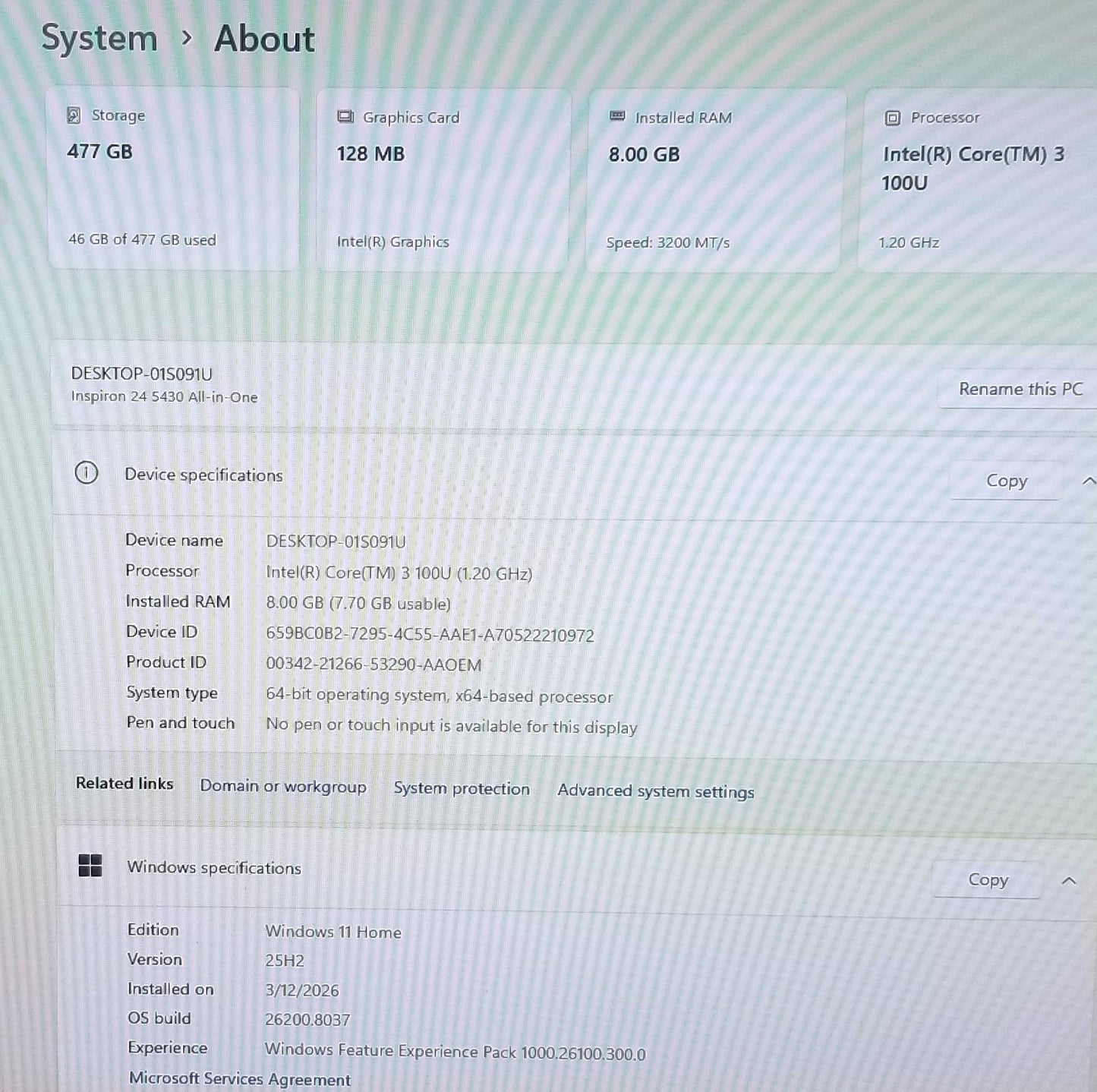 Dell Inspiron 24 5430 I3-100U, 8GB MEMORY, 512GB SSD