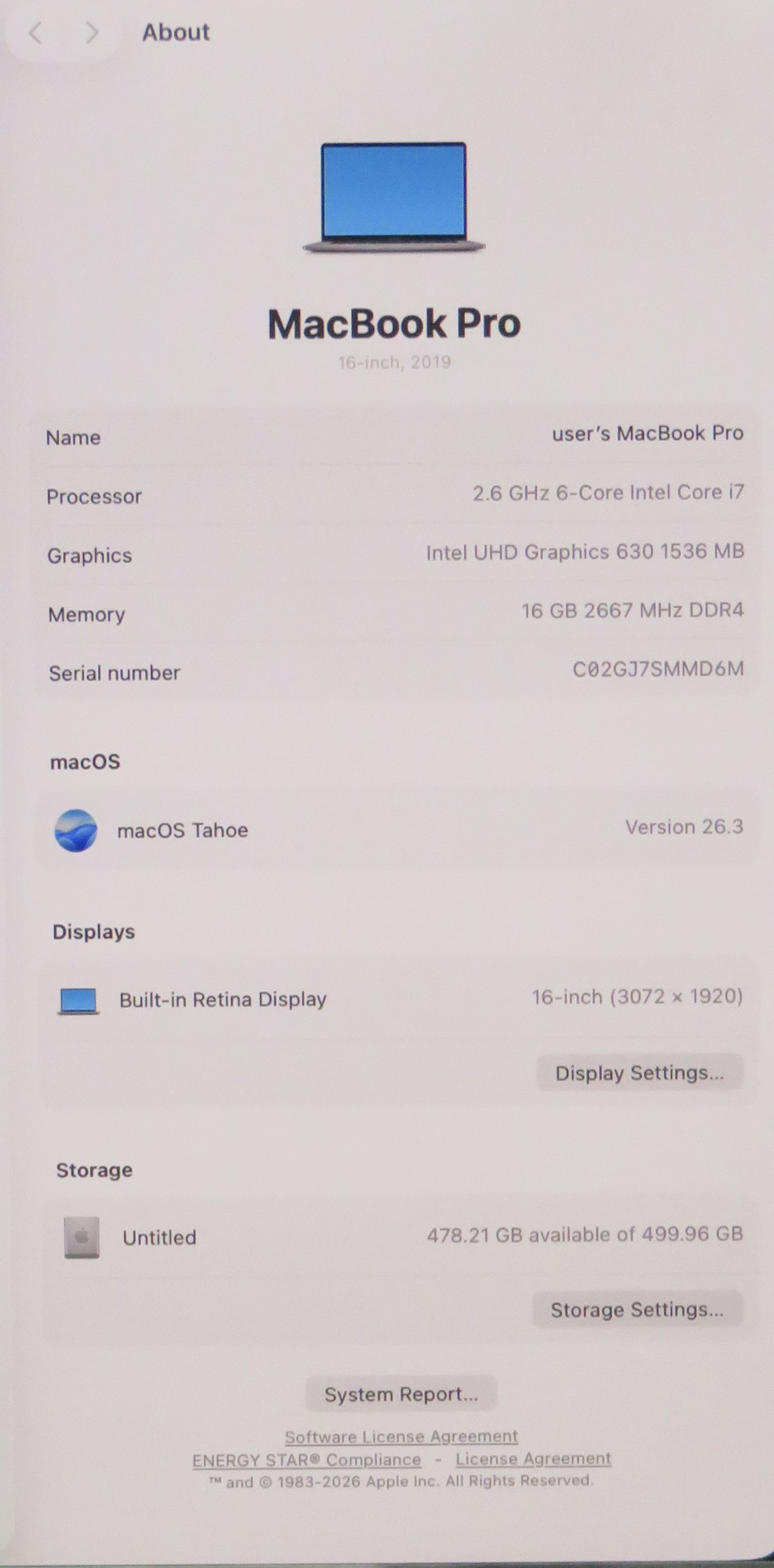 Apple MacBook Pro 2019 16in A2141 i7 9750H 2.6GHz 16GB RAM 512GB macOS 5300M