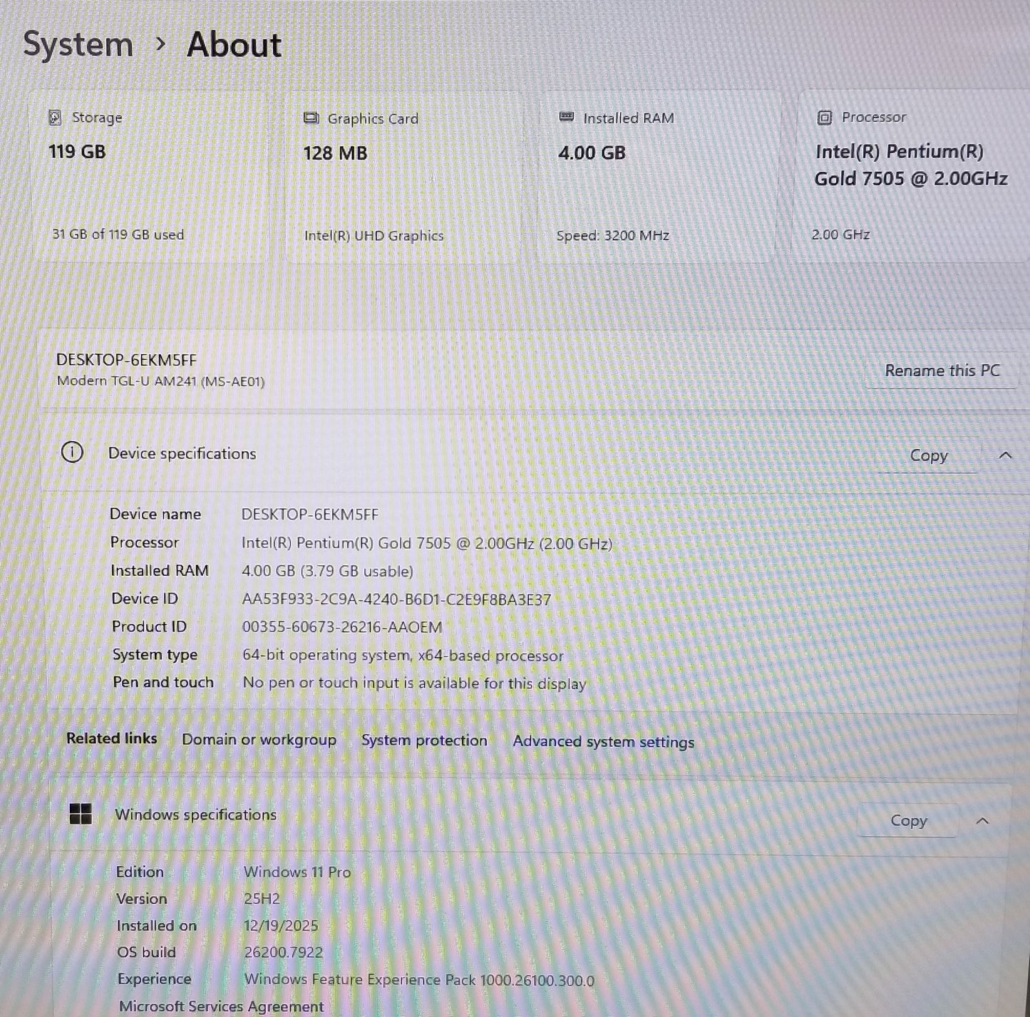 MSI MODERN AM242 11M 23.8 IN  PG-7505, 4GB, 128GB
