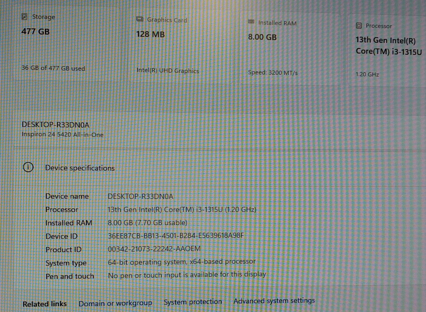 Dell Inspiron 24 5420  I3-1315U 8GB RAM 512GB SSD