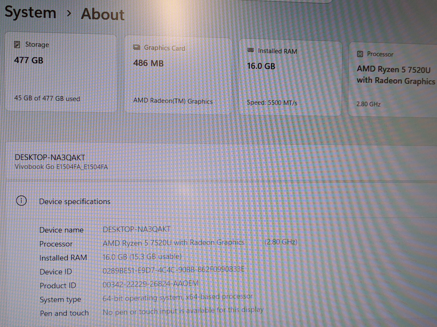Asus Vivobok E1504F R5-7520U, 16GB RAM, 512GB SSD
