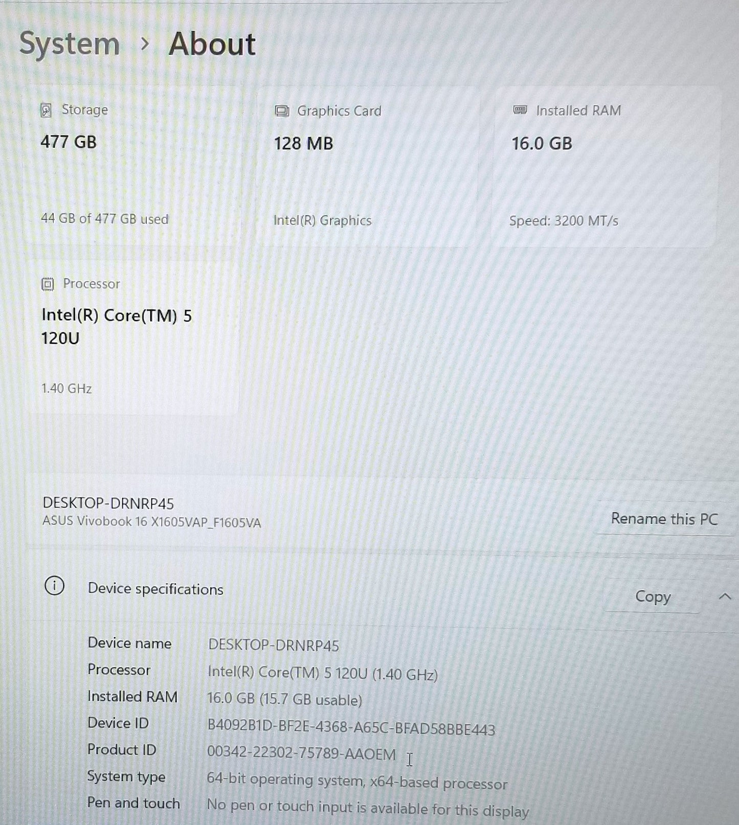 ASUS VIVOBOOK F1605V 16 IN i5-120U, 16GB, 512GB