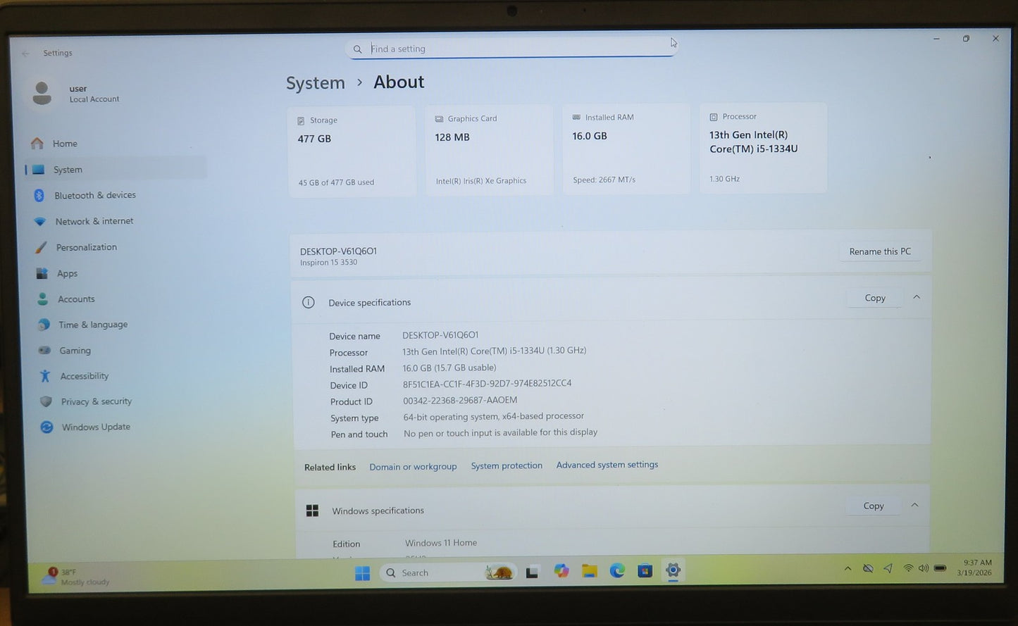 Dell Inspiron 15 3530 15.6in i5-1334U 1.30GHz 16GB RAM 512GB Win11