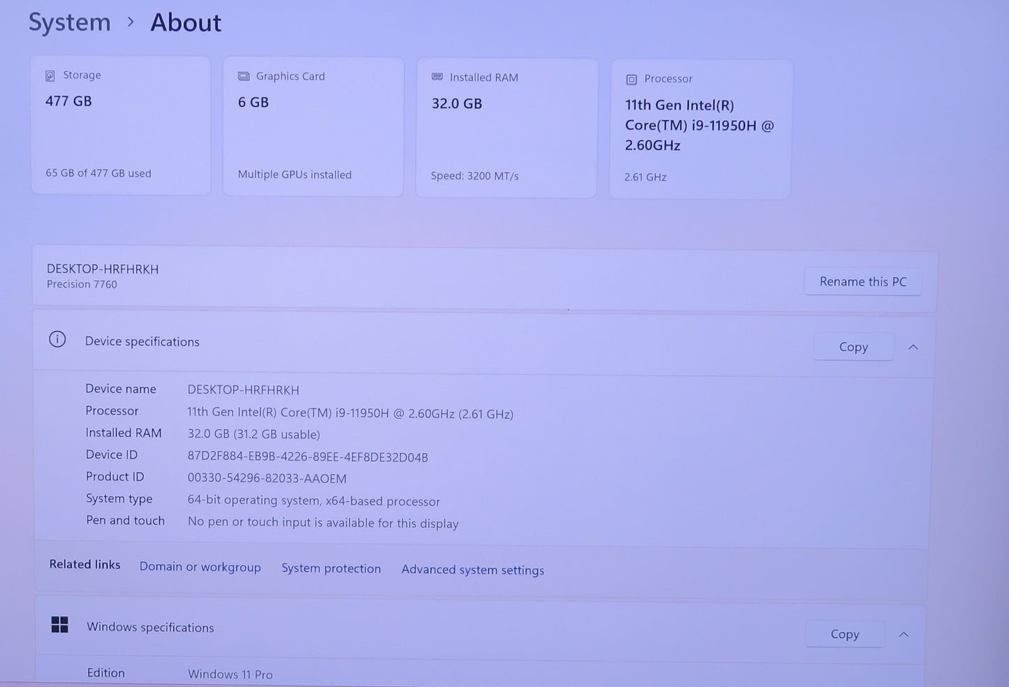 Dell Precision 7760 17in 4K i9 11950H 2.6GHz 32GB RAM 512GB Win 11 Pro RTX A3000