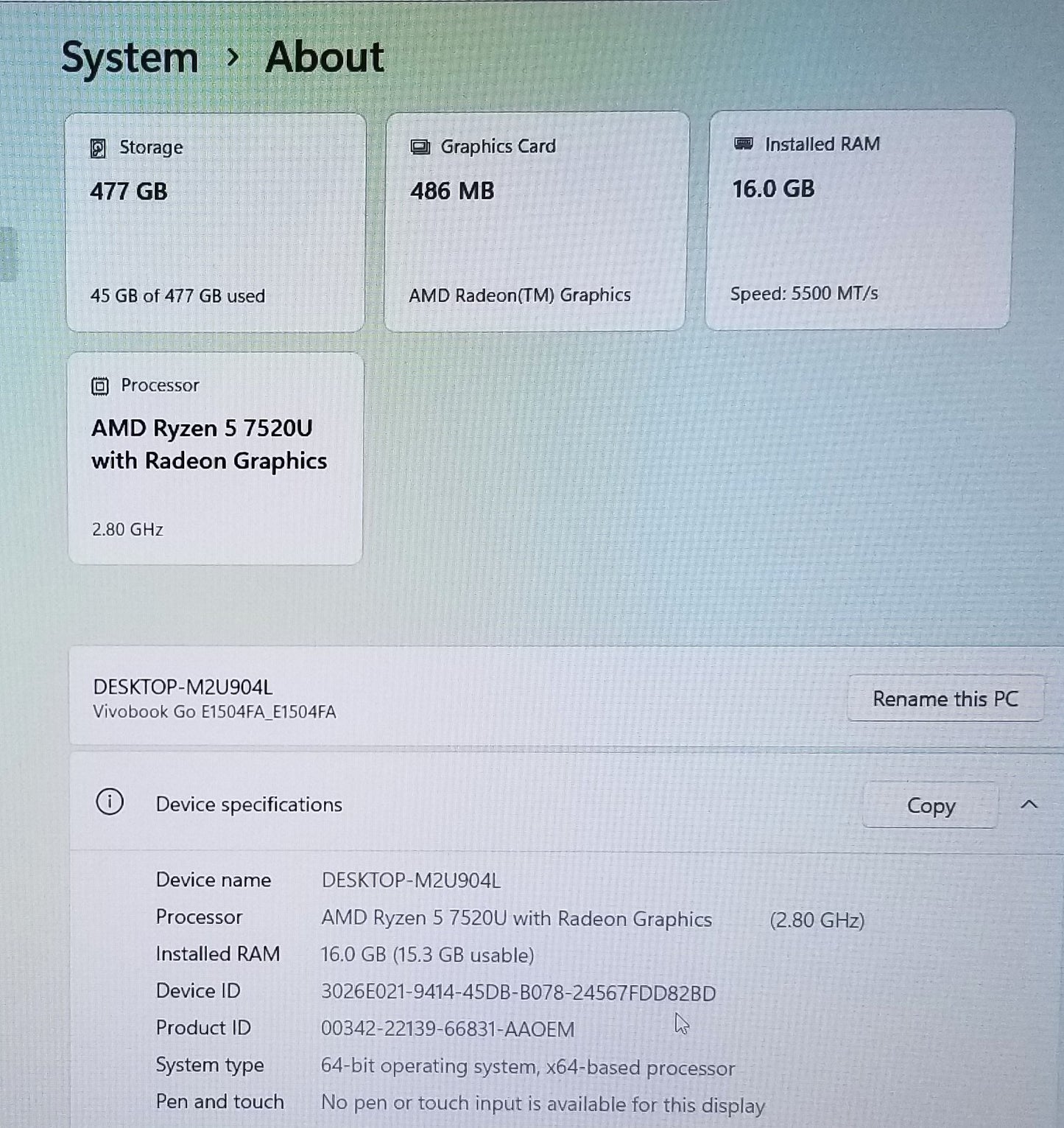 ASUS VIVOBOOK E1504F 15.6 In R5-7520U 16 GB, 512GB
