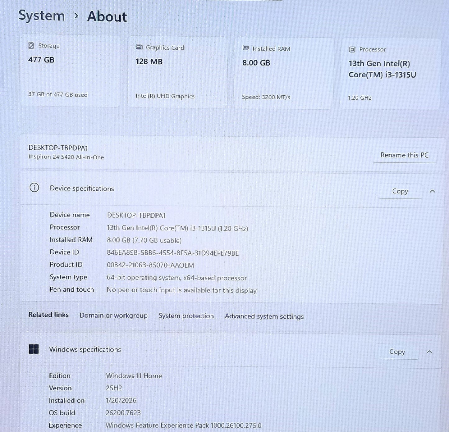 DELL INSPIRON 24 5420 23.8 IN i3-1315U, 8GB, 512GB