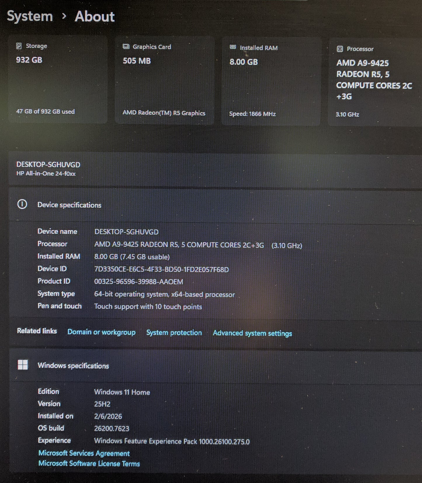 HP ALL-IN-ONE 24-F0046 A9-9425@3.1GHZ, 4GB, 1TB