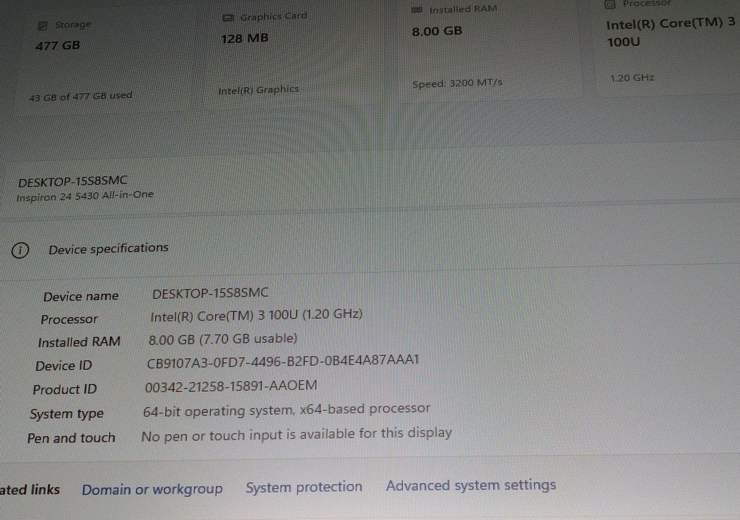 Dell Inspiron 24 5430 I3-100U 8GB SSD, 512GB