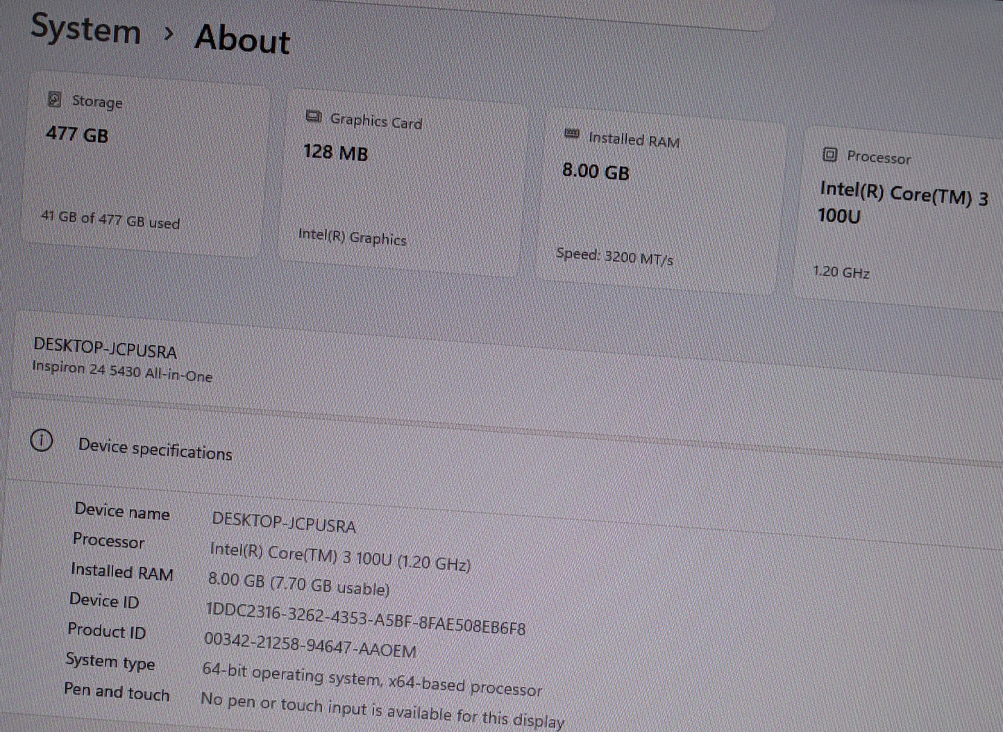 Dell Inspiron 24 5430 I3-100U 8GB RAM 512GB SSD