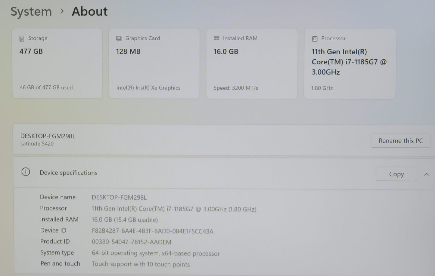 Dell Latitude 5420 14in Touchscreen i7 1185G7U 3.0GHz 16GB RAM 512GB Win11 Pro