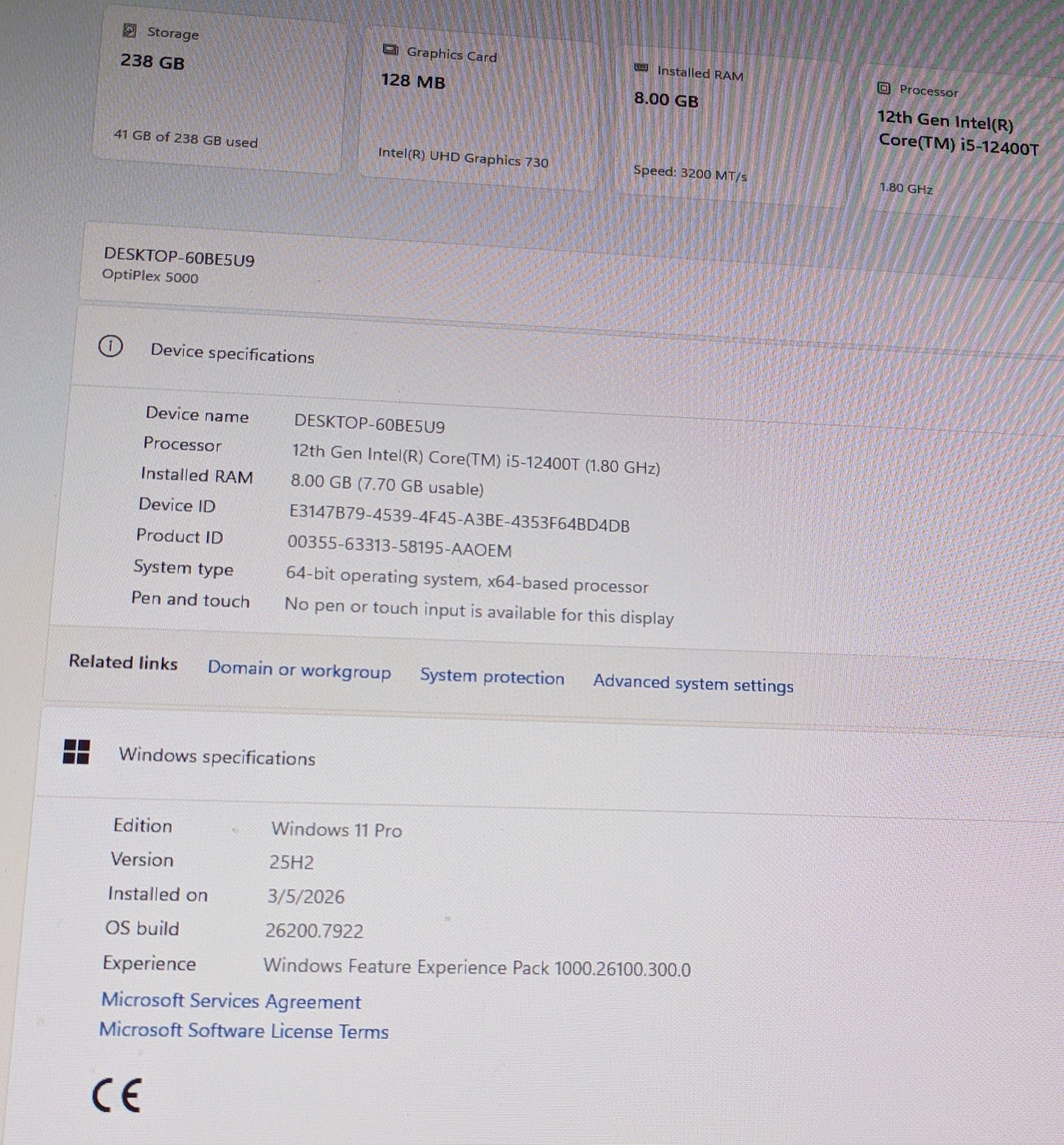 DELL OPTIPLEX 5000 I5-12400T@4.20GHZ, 8GB, 256GB