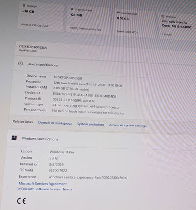 DELL OPTIPLEX 5000 I5-12400T@4.20GHZ, 8GB, 256GB