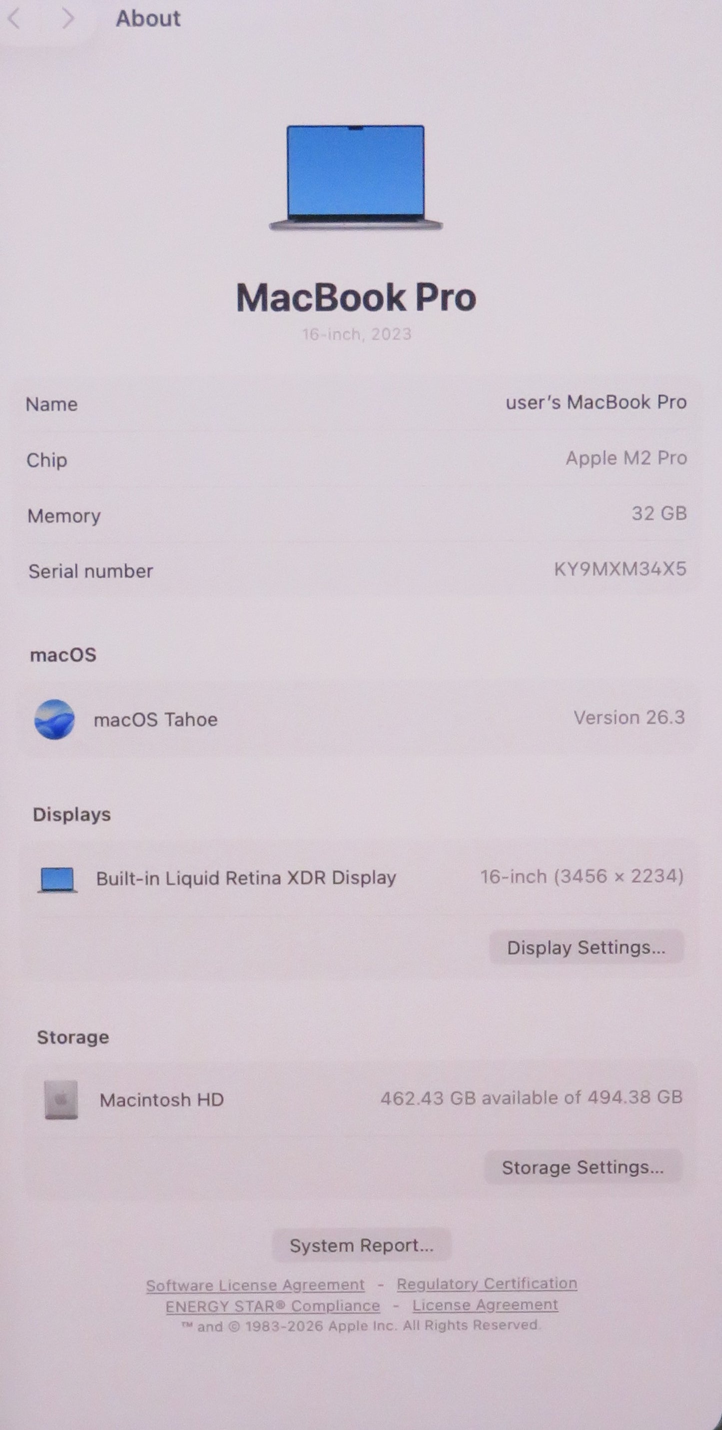 Apple Macbook Pro 2023 16in Retina M2 Pro 32GB RAM 512GB Tahoe A2780