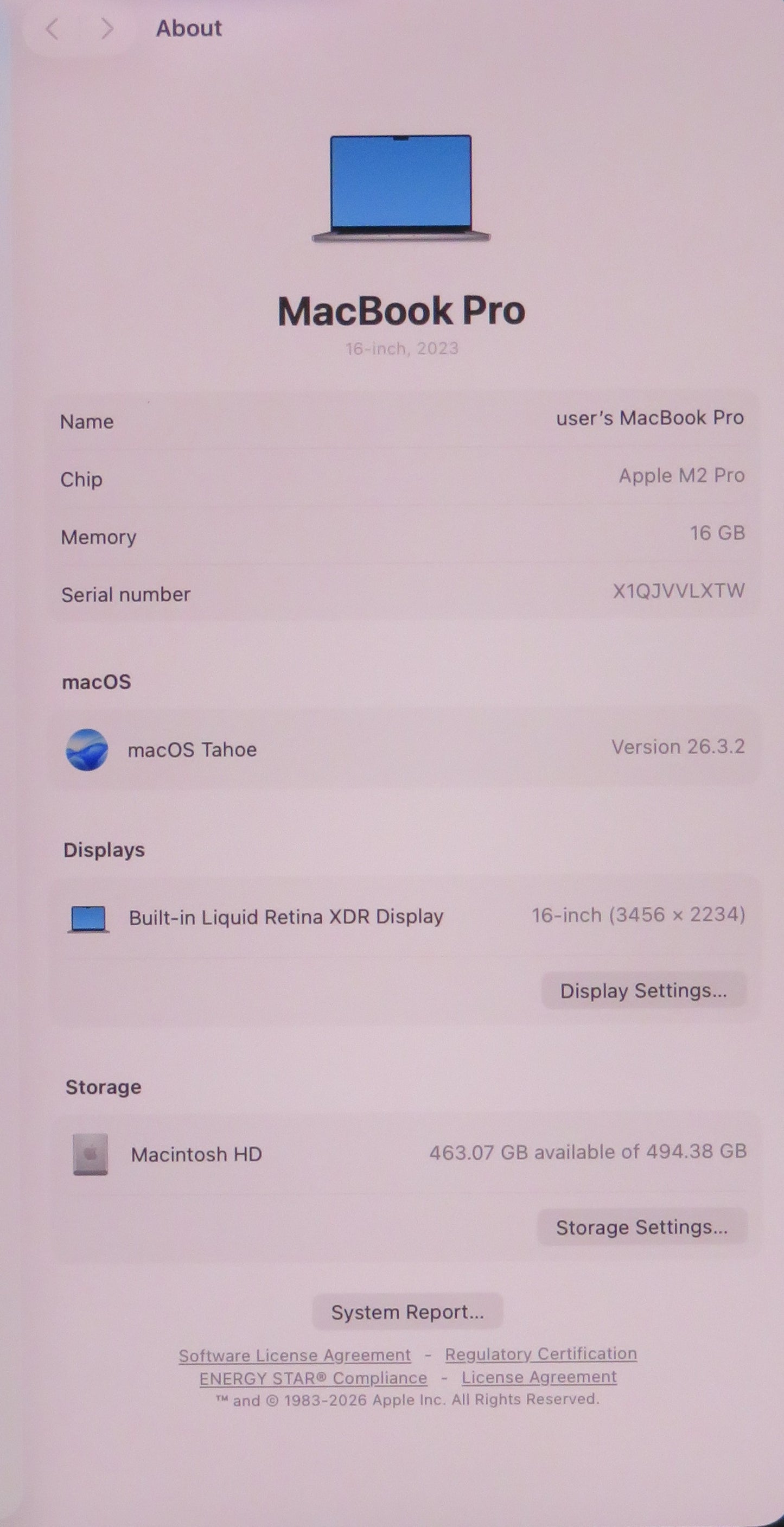 Apple Macbook Pro 2023 16in Retina M2 Pro 16GB RAM 512GB Tahoe A2780