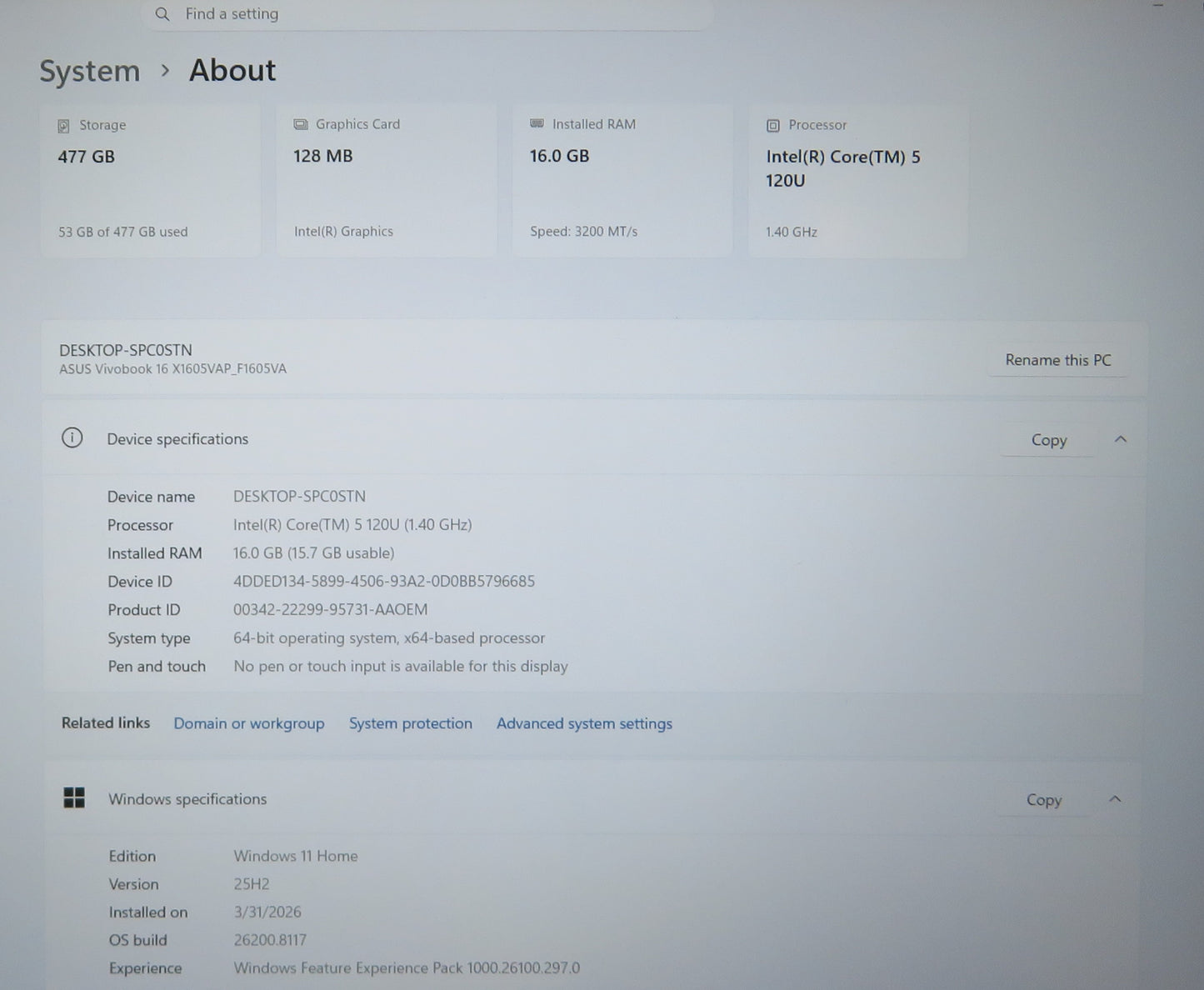 ASUS VIVOBOOK F1605V 16IN CORE 5 120U 1.4GHz 16GB RAM 512GB SSD WIN11 HOME