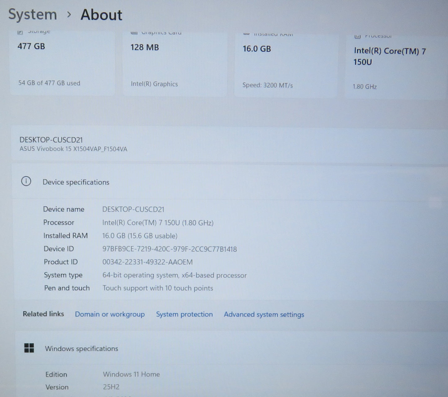 ASUS F1504V Vivobook 15.6in Intel Core 7 150U 1.8GHz 16GB RAM 512GB SSD W11