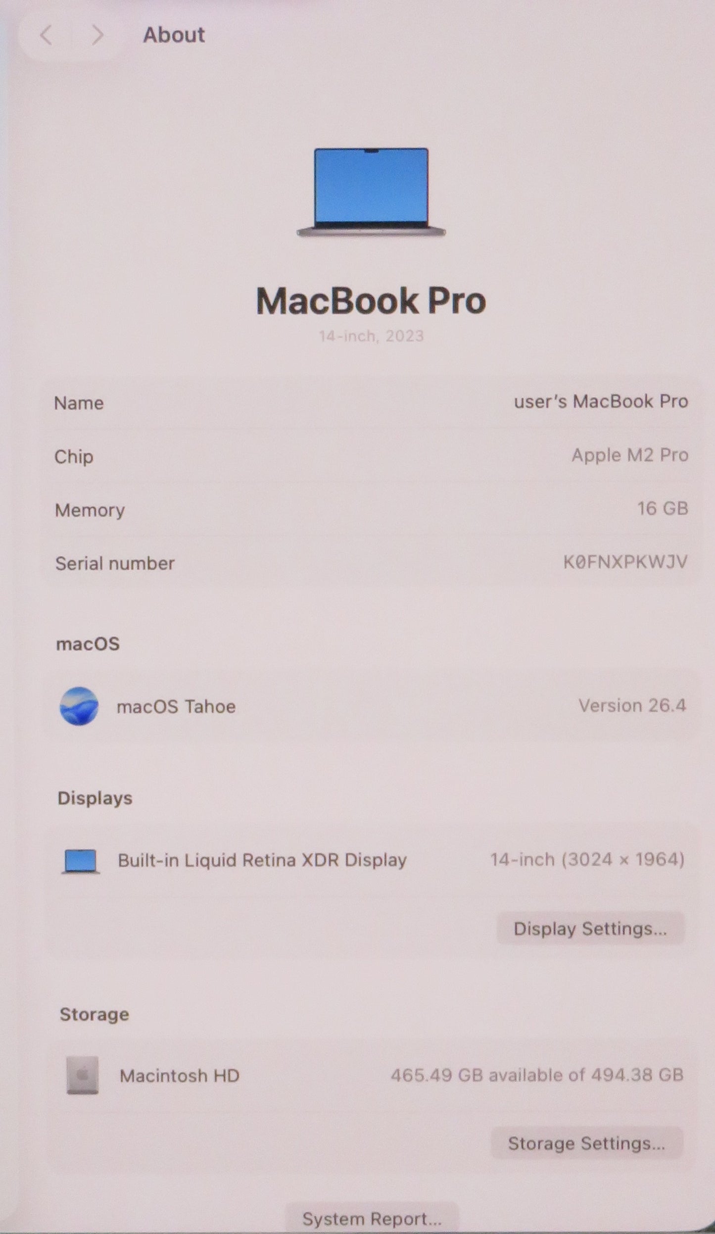 Apple Macbook Pro 2023 14in Retina M2 Pro 16GB RAM 512GB Tahoe A2779