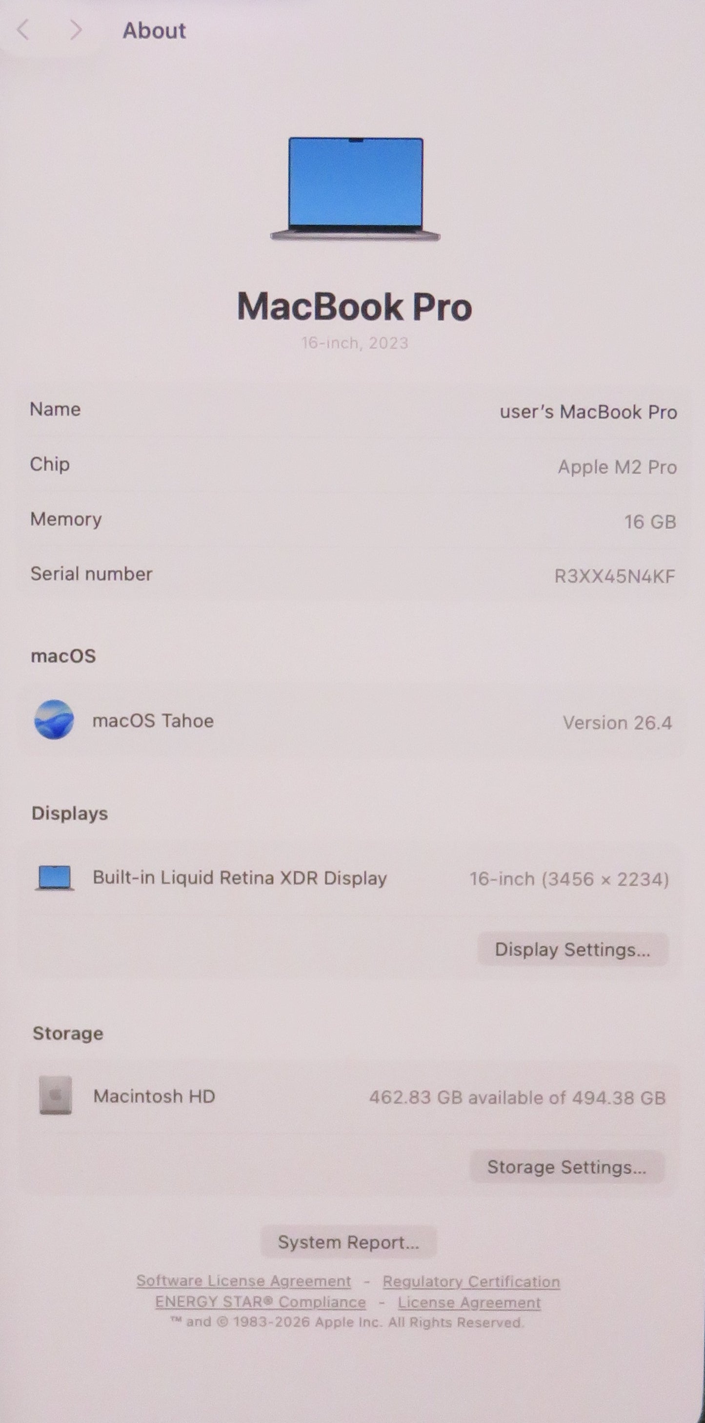 Apple Macbook Pro 2023 16in Retina M2 Pro 16GB RAM 512GB Tahoe A2780