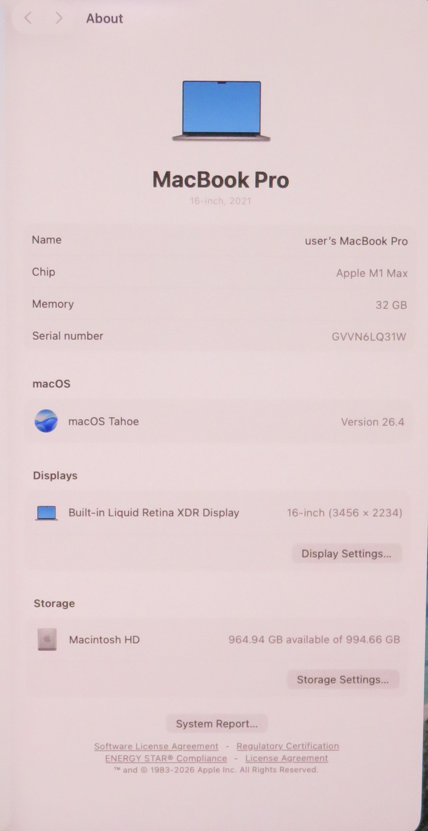 Apple Macbook Pro 2021 16in Retina XDR M1 Max 32GB RAM 1TB macOS A2485